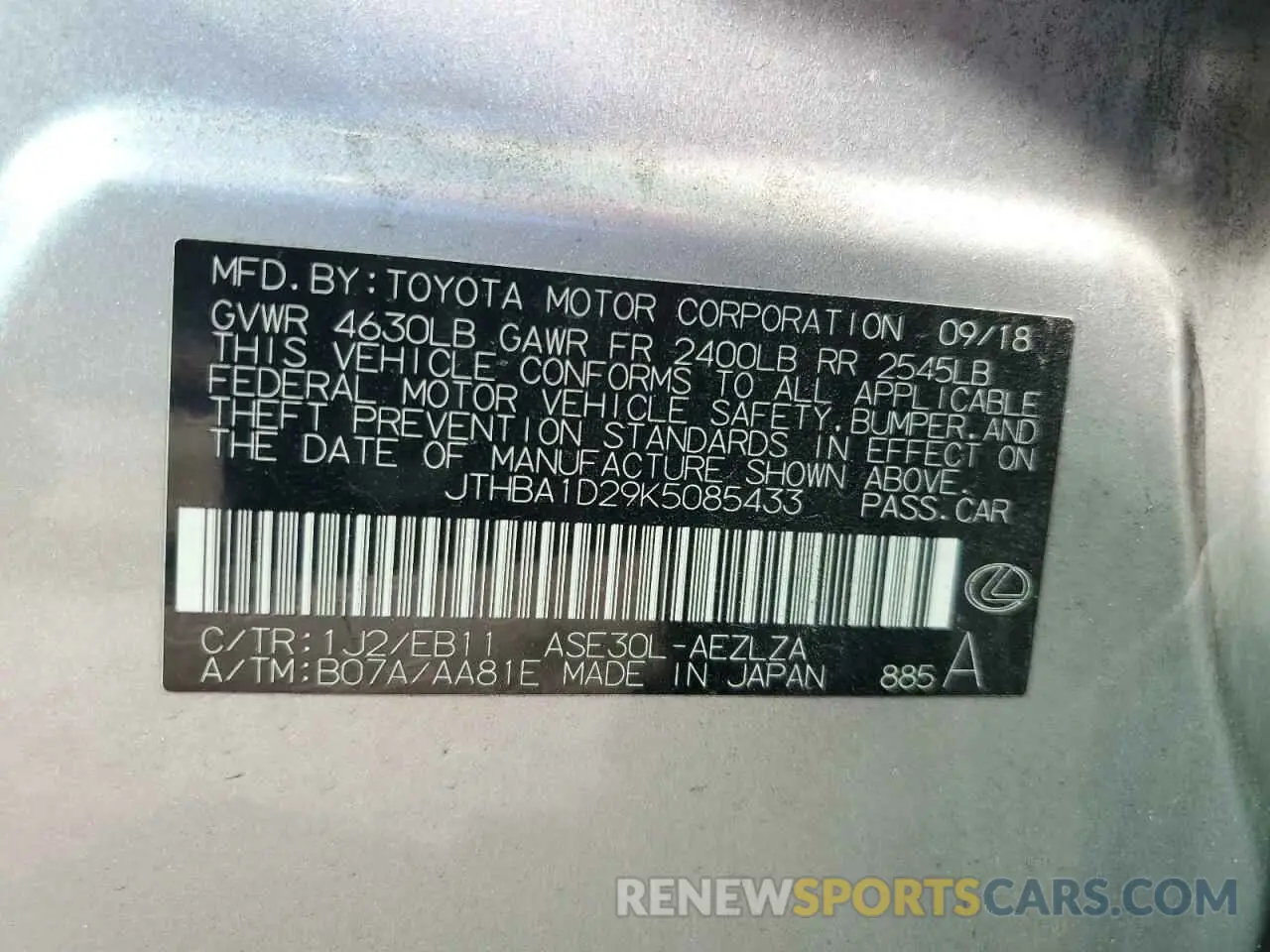 12 Photograph of a damaged car JTHBA1D29K5085433 LEXUS IS 2019