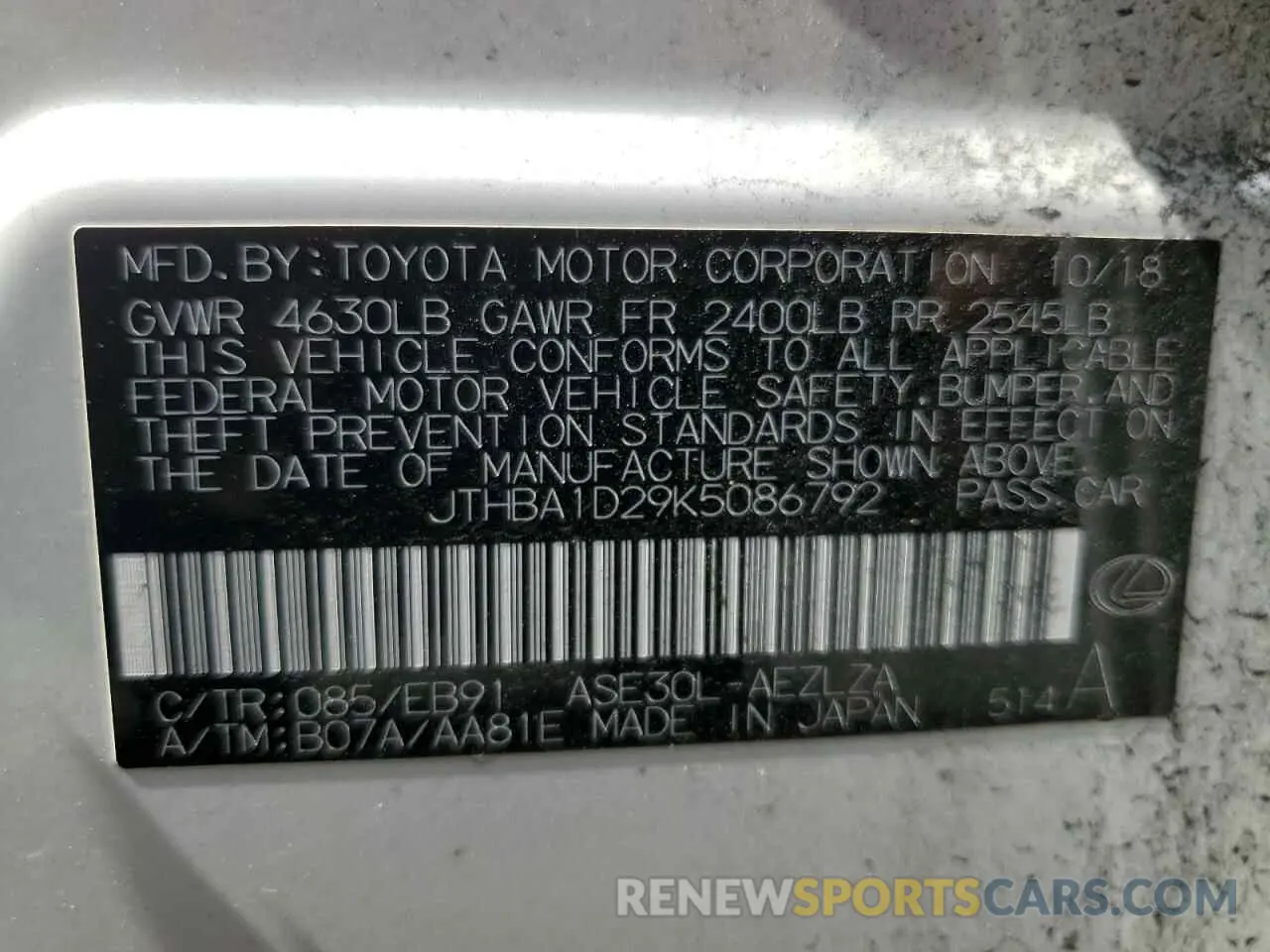 12 Photograph of a damaged car JTHBA1D29K5086792 LEXUS IS 2019