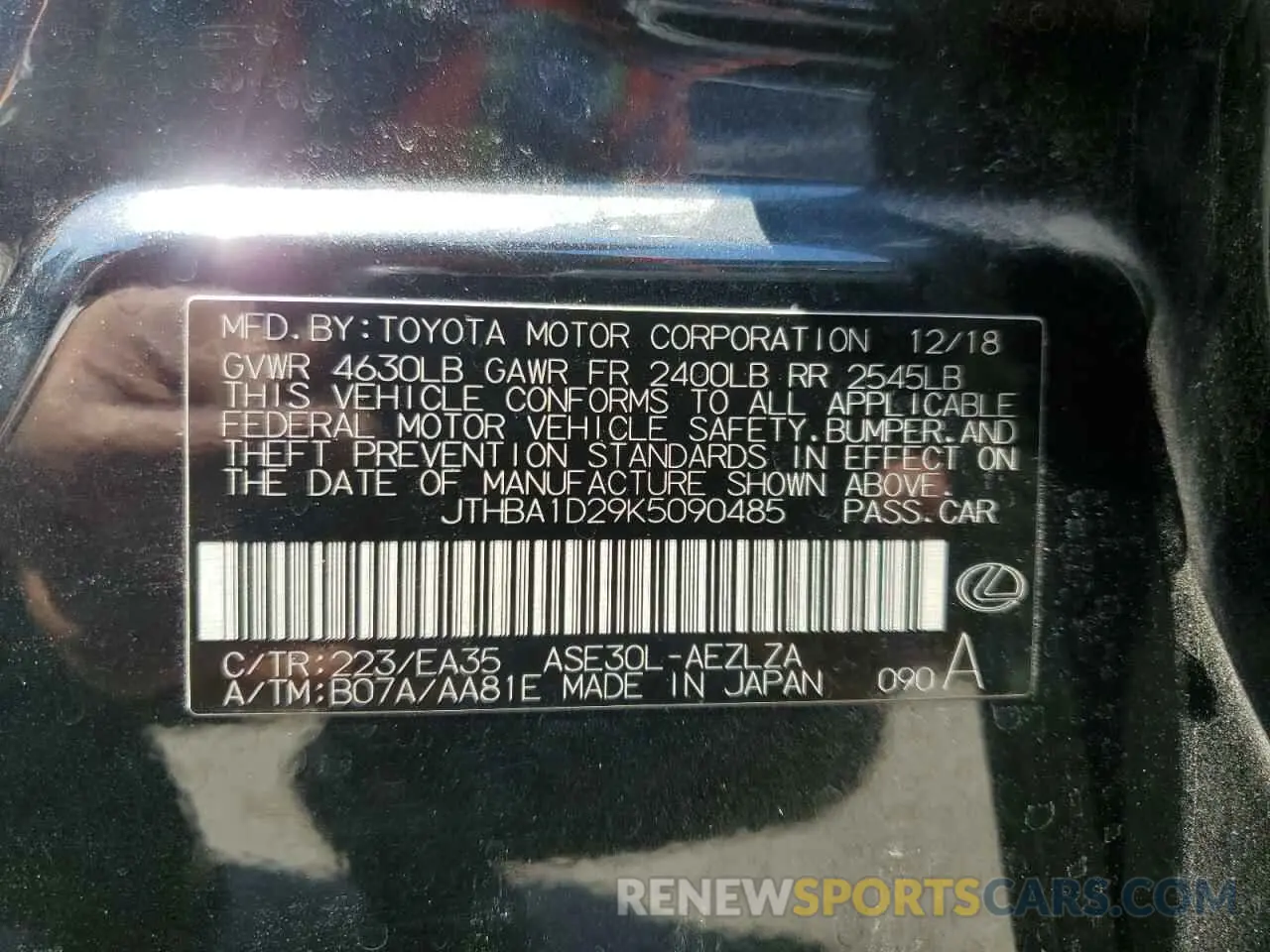 13 Photograph of a damaged car JTHBA1D29K5090485 LEXUS IS 2019