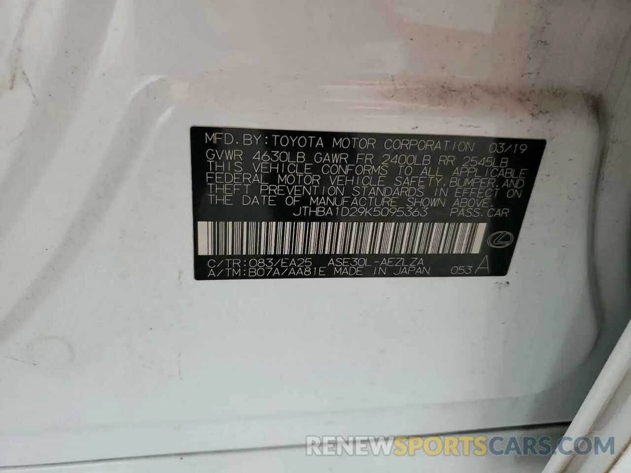 12 Photograph of a damaged car JTHBA1D29K5095363 LEXUS IS 2019