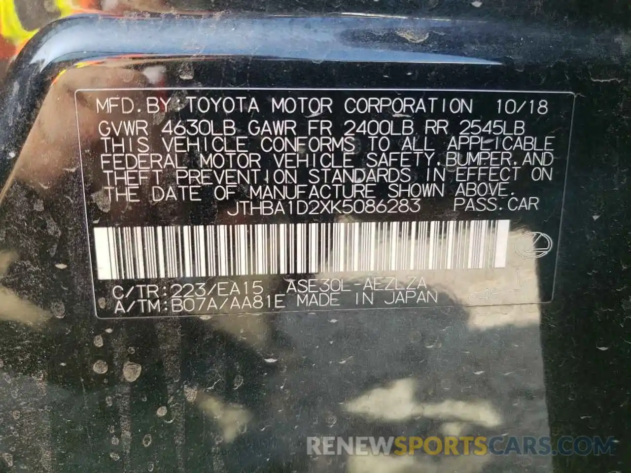 10 Photograph of a damaged car JTHBA1D2XK5086283 LEXUS IS 2019