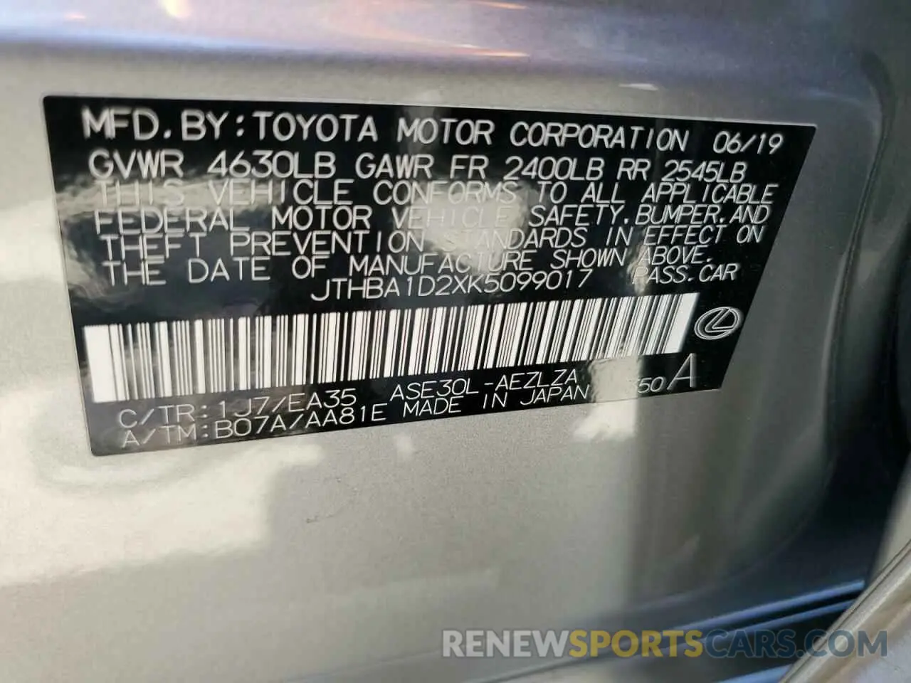 12 Photograph of a damaged car JTHBA1D2XK5099017 LEXUS IS 2019