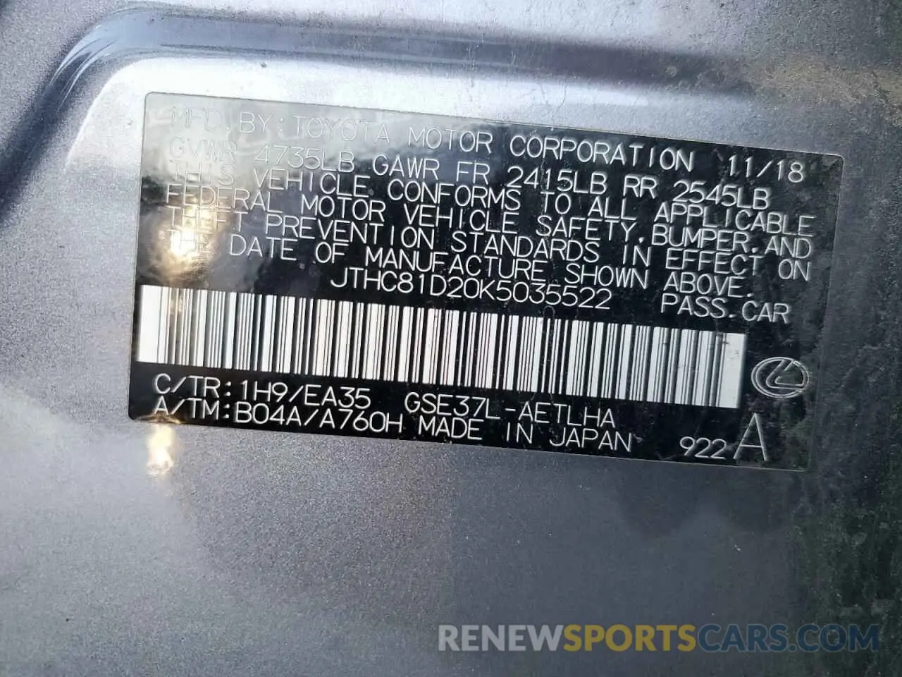 12 Photograph of a damaged car JTHC81D20K5035522 LEXUS IS 2019