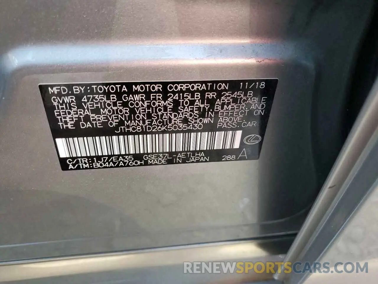 13 Photograph of a damaged car JTHC81D26K5035430 LEXUS IS 2019