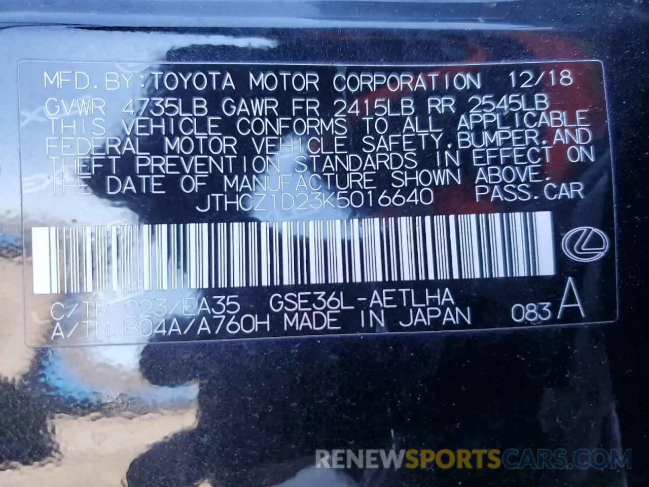 12 Photograph of a damaged car JTHCZ1D23K5016640 LEXUS IS 2019