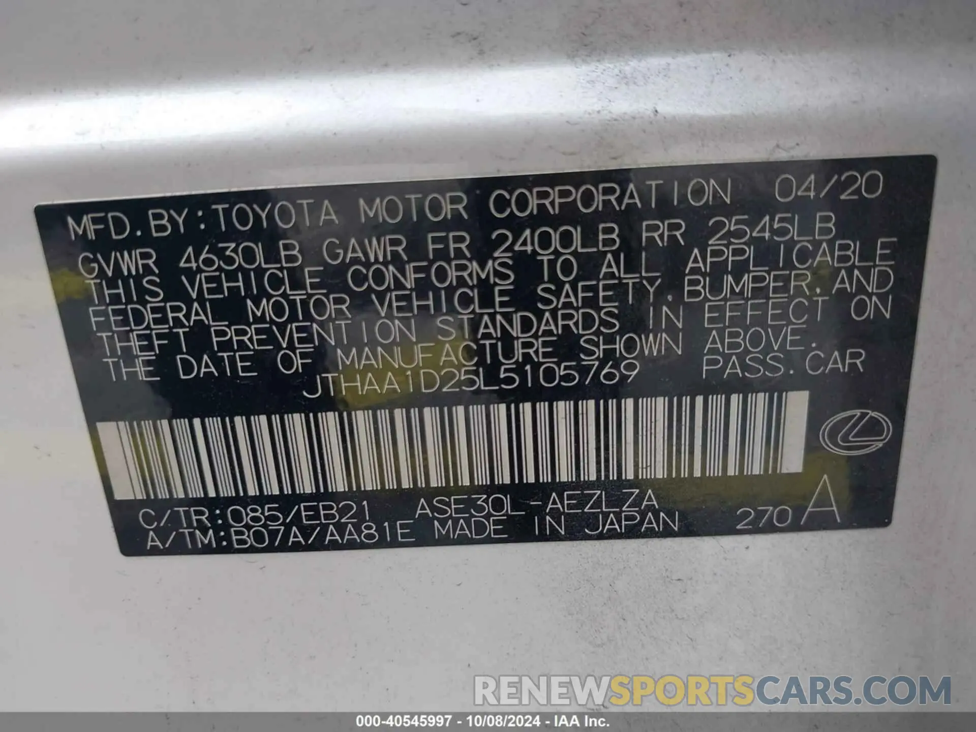9 Photograph of a damaged car JTHAA1D25L5105769 LEXUS IS 2020