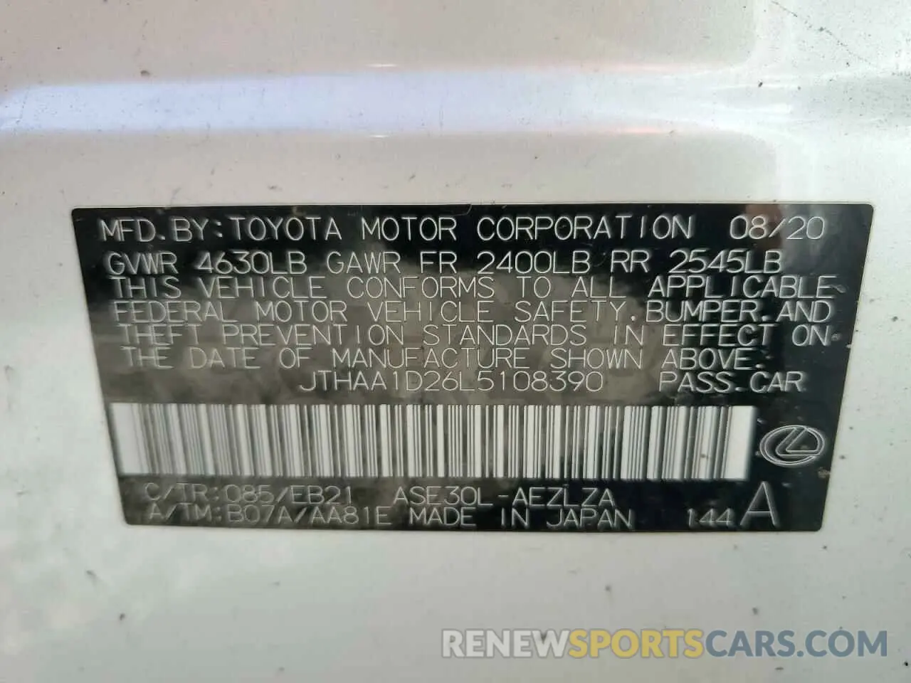 13 Photograph of a damaged car JTHAA1D26L5108390 LEXUS IS 2020