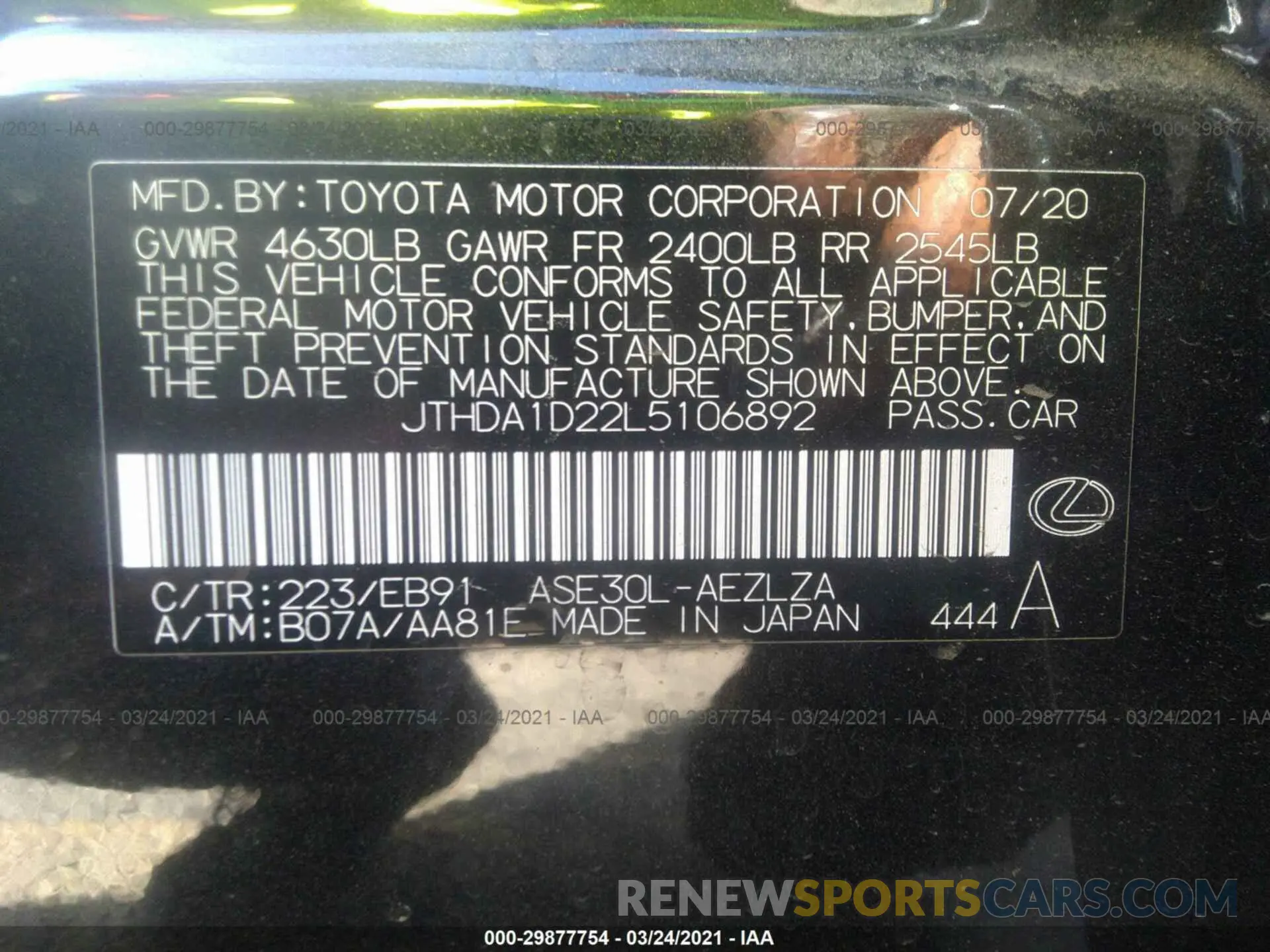 9 Photograph of a damaged car JTHDA1D22L5106892 LEXUS IS 2020