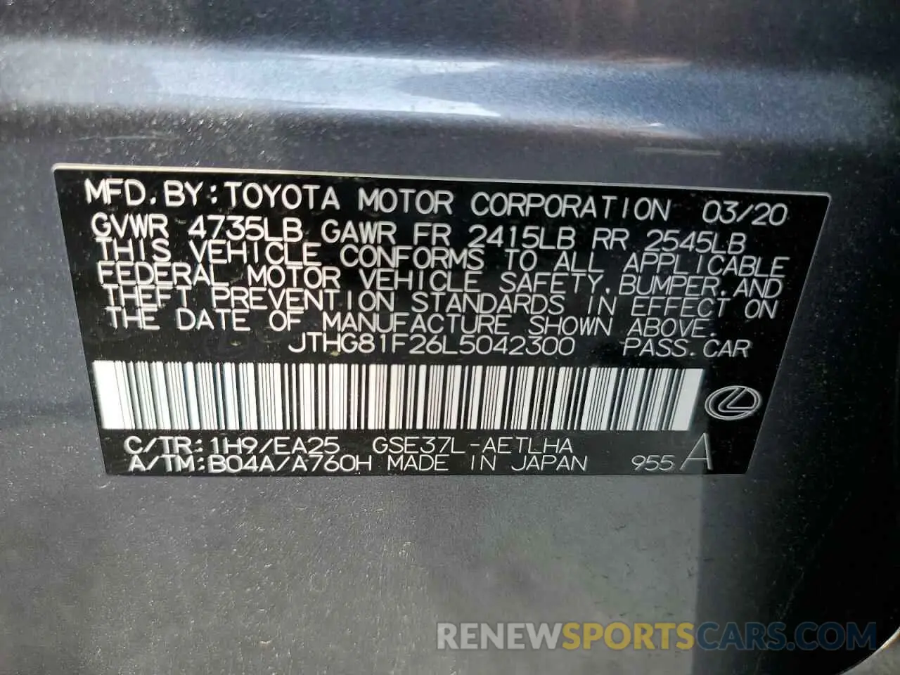 12 Photograph of a damaged car JTHG81F26L5042300 LEXUS IS 2020