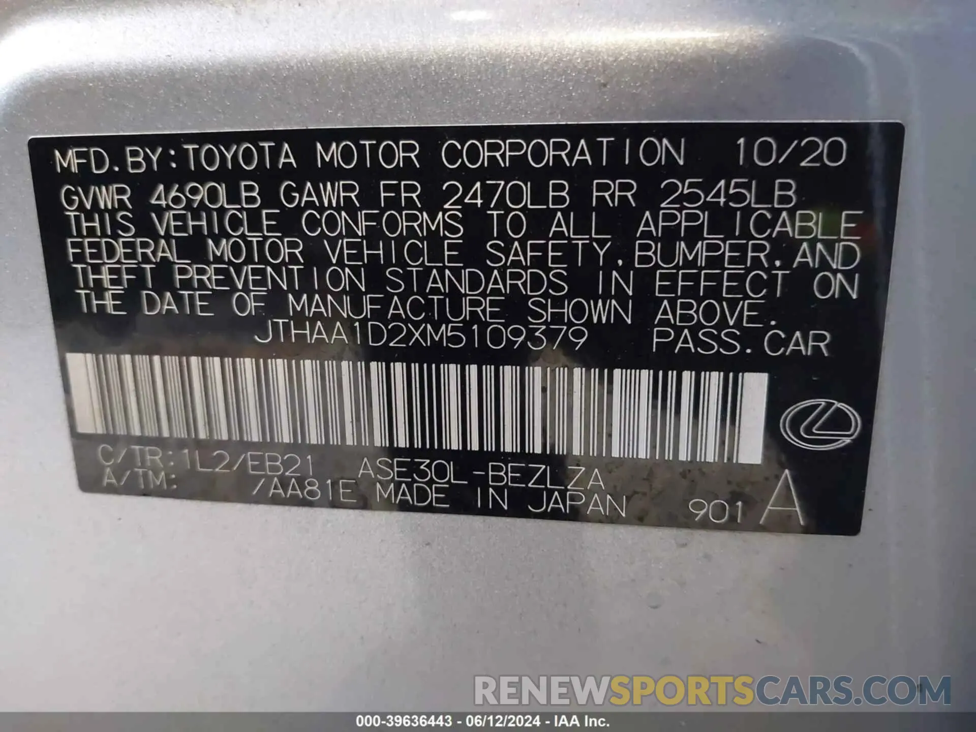 9 Photograph of a damaged car JTHAA1D2XM5109379 LEXUS IS 2021
