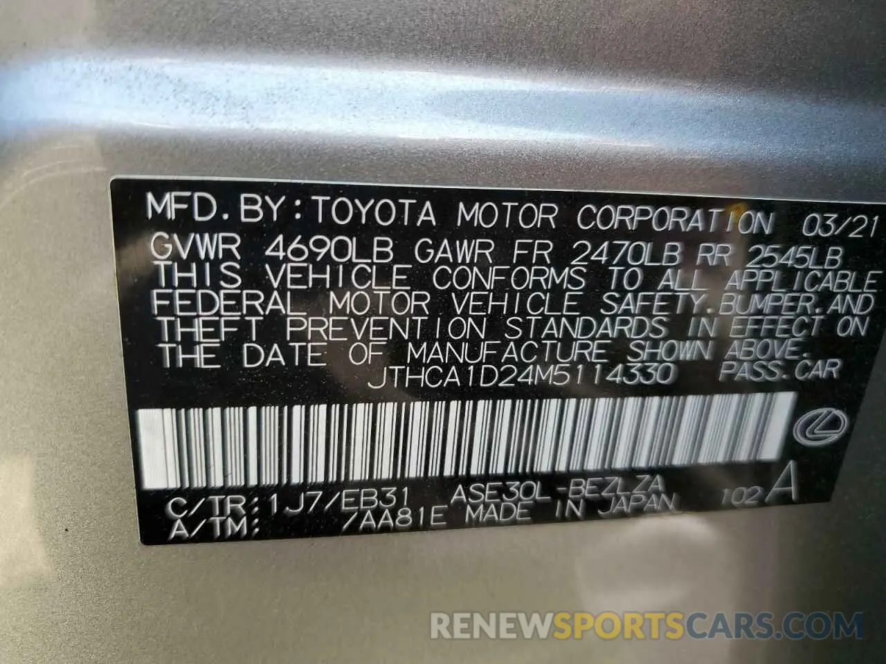 12 Photograph of a damaged car JTHCA1D24M5114330 LEXUS IS 2021