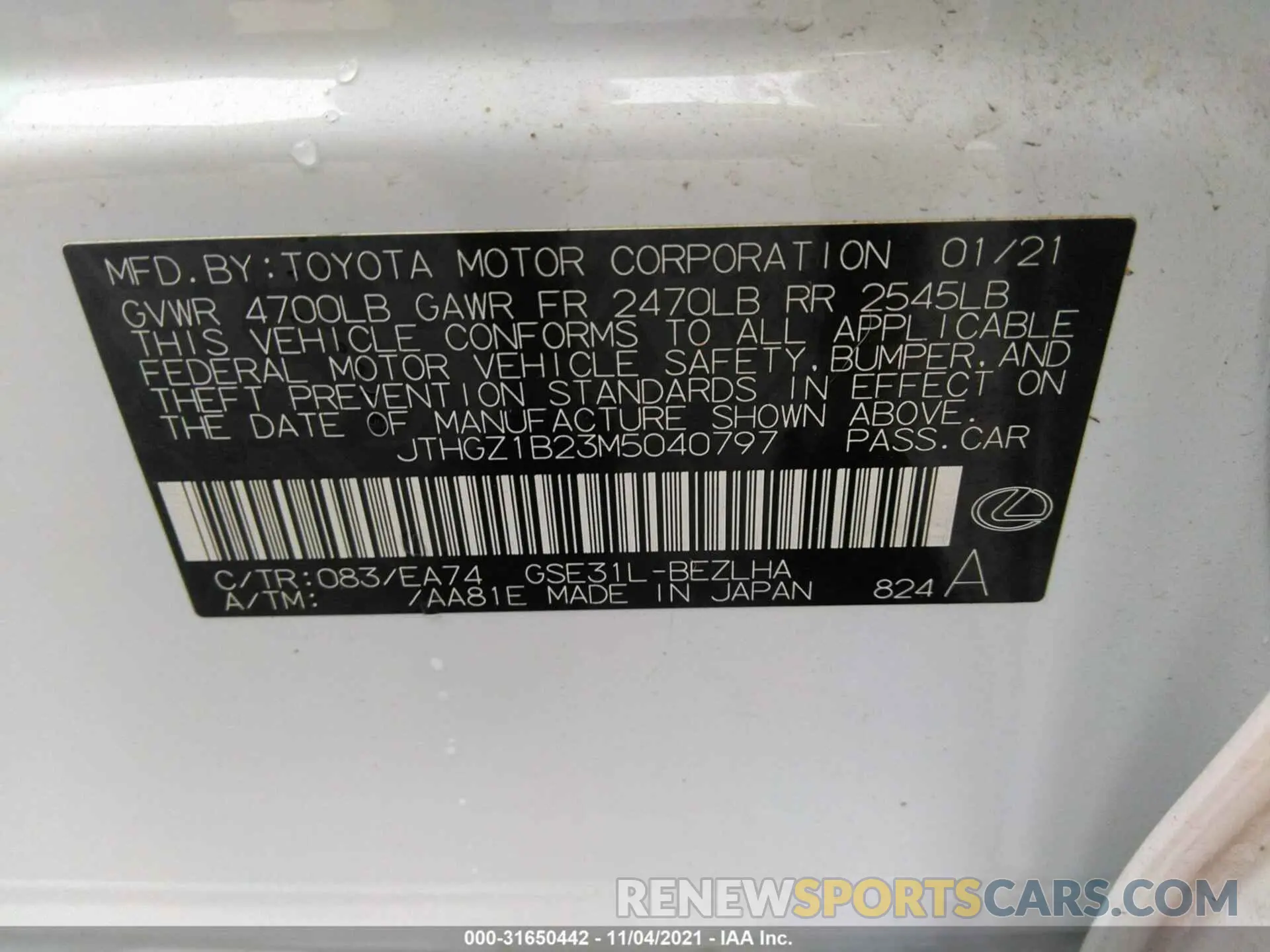 9 Photograph of a damaged car JTHGZ1B23M5040797 LEXUS IS 2021