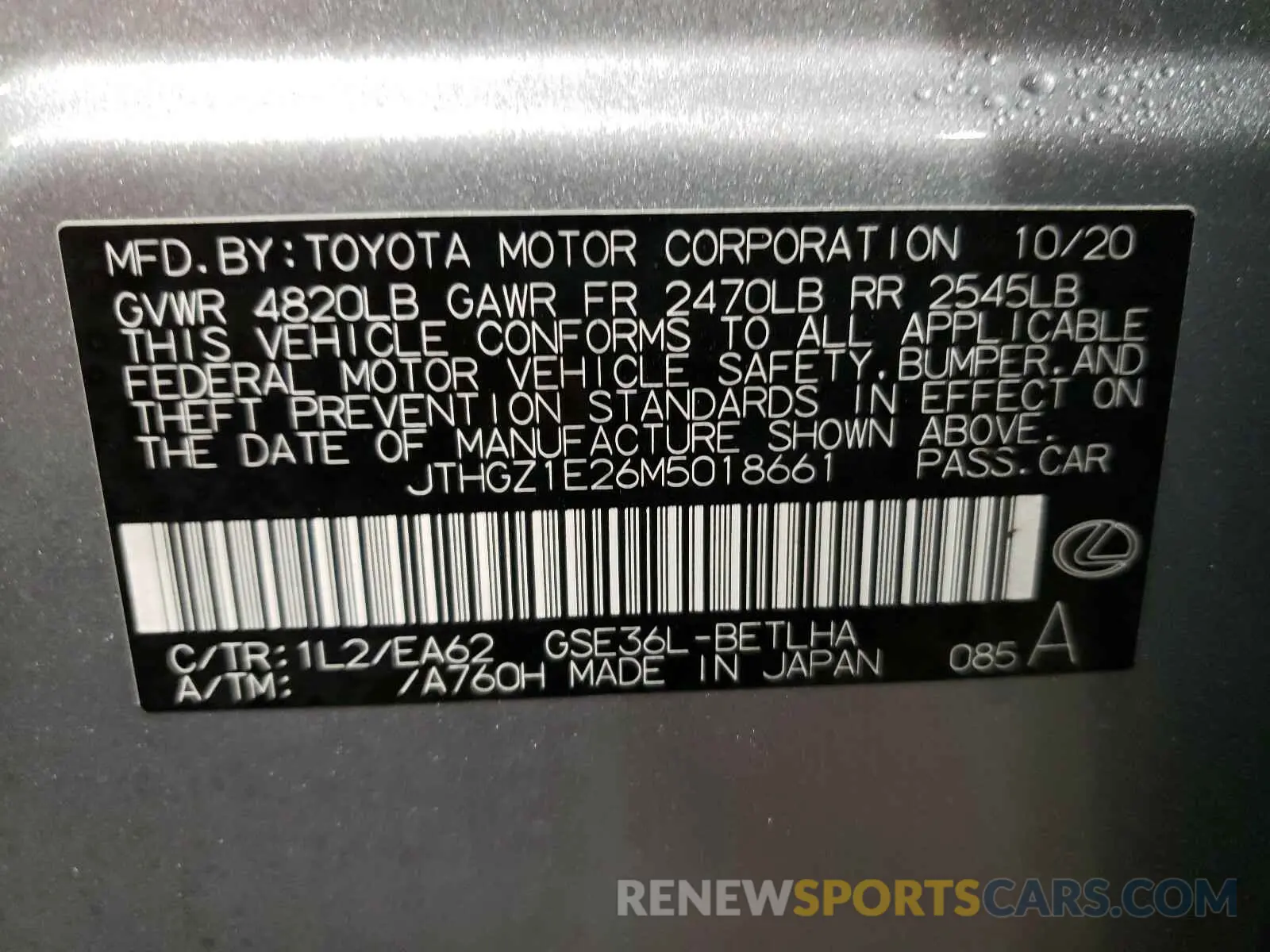 10 Photograph of a damaged car JTHGZ1E26M5018661 LEXUS IS 2021