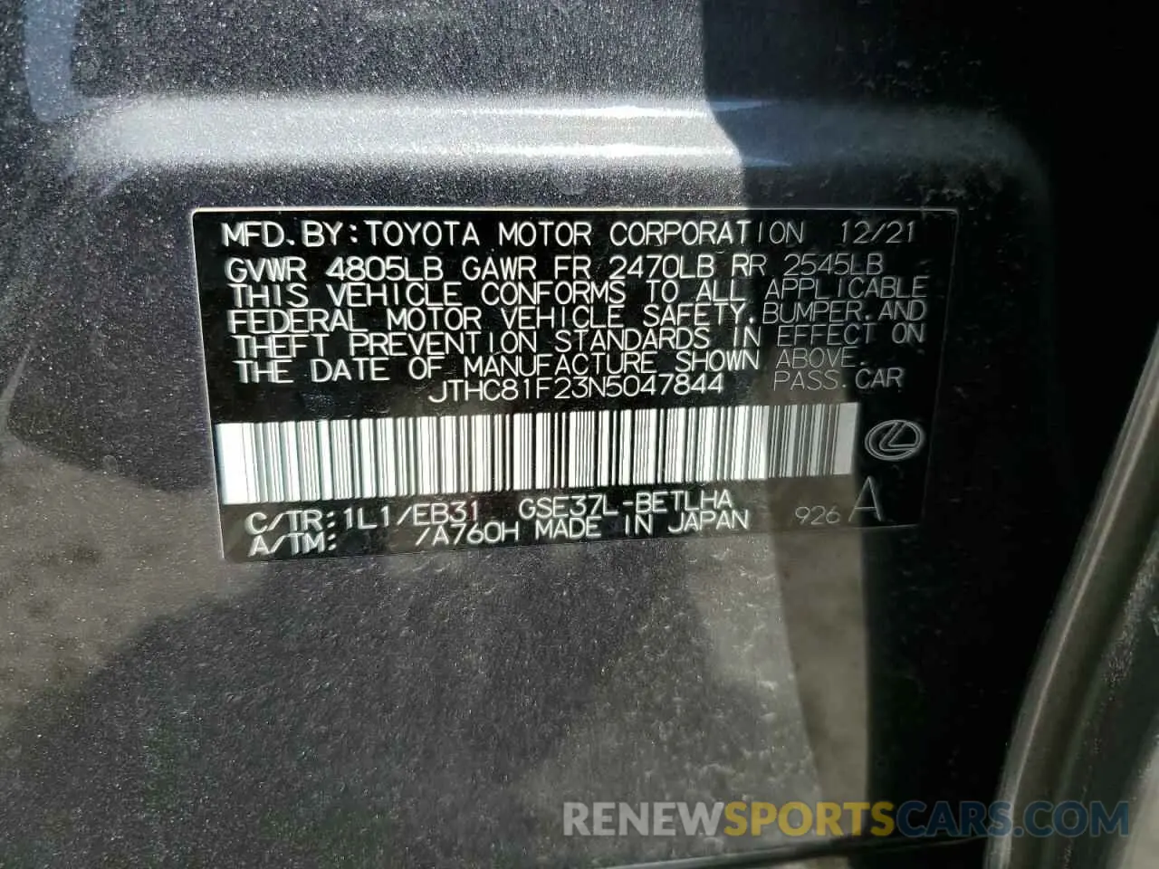 12 Photograph of a damaged car JTHC81F23N5047844 LEXUS IS 2022