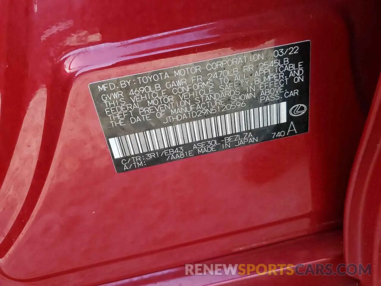 13 Photograph of a damaged car JTHDA1D29N5120596 LEXUS IS 2022