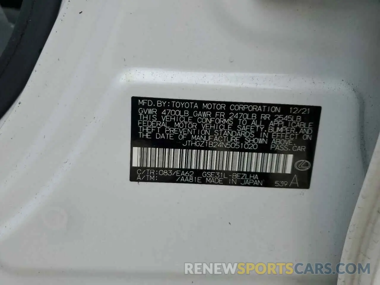 10 Photograph of a damaged car JTHGZ1B24N5051020 LEXUS IS 2022