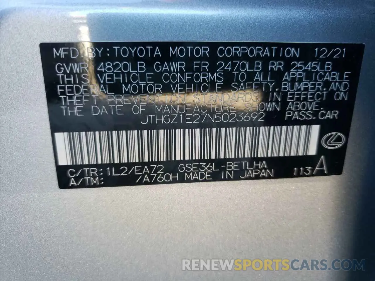 10 Photograph of a damaged car JTHGZ1E27N5023692 LEXUS IS 2022
