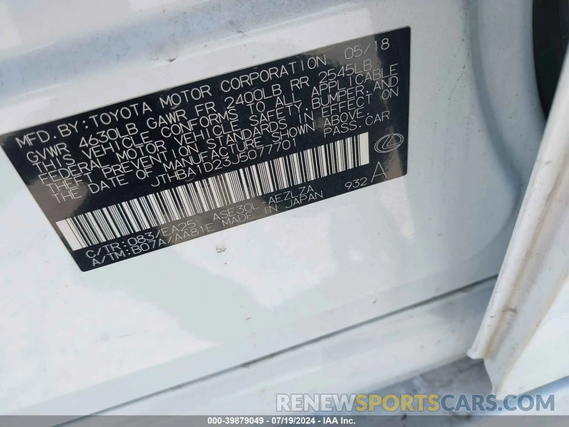 9 Photograph of a damaged car JTHBA1D23J5077701 LEXUS IS 300 2018