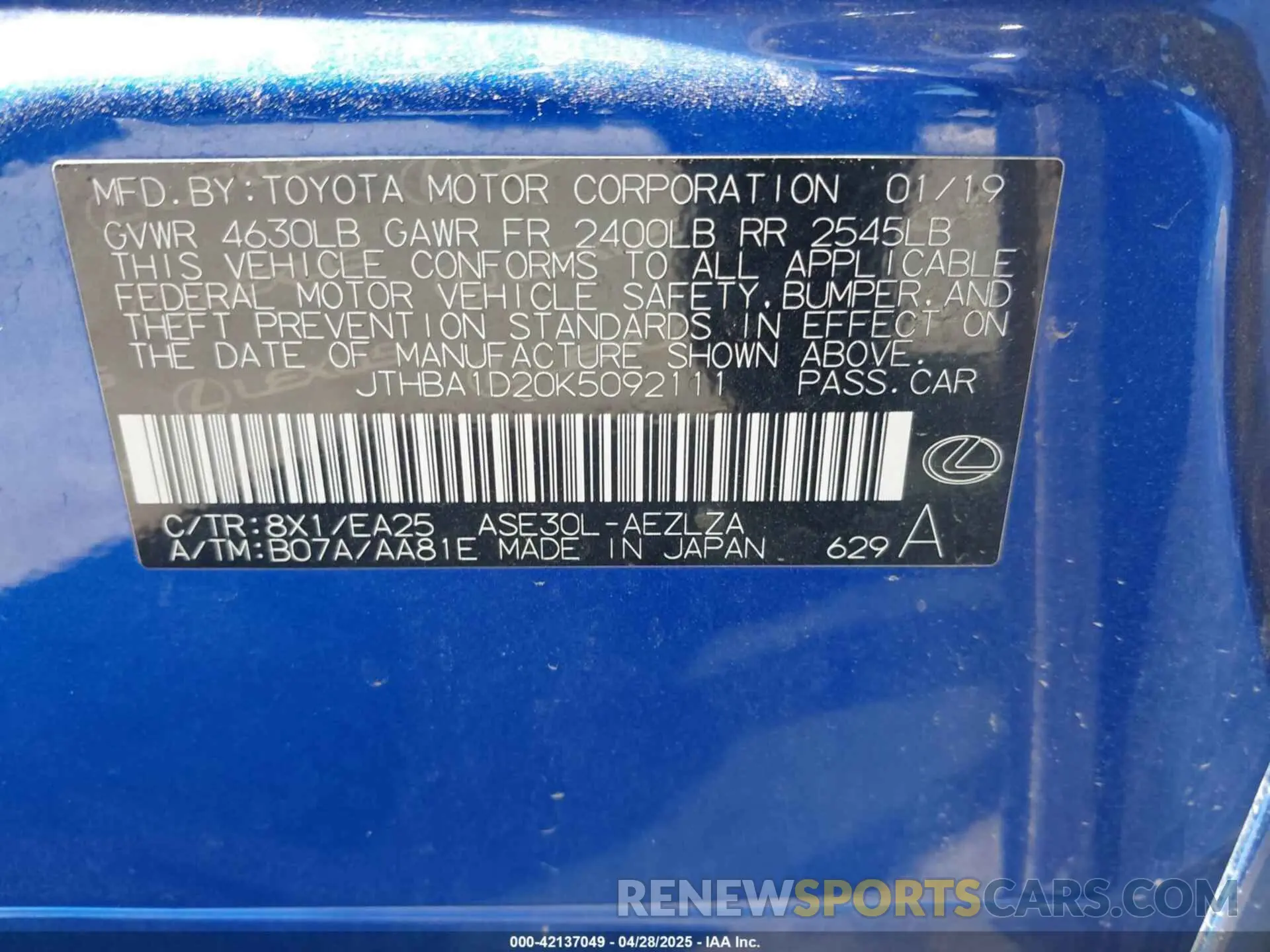 9 Photograph of a damaged car JTHBA1D20K5092111 LEXUS IS 300 2019