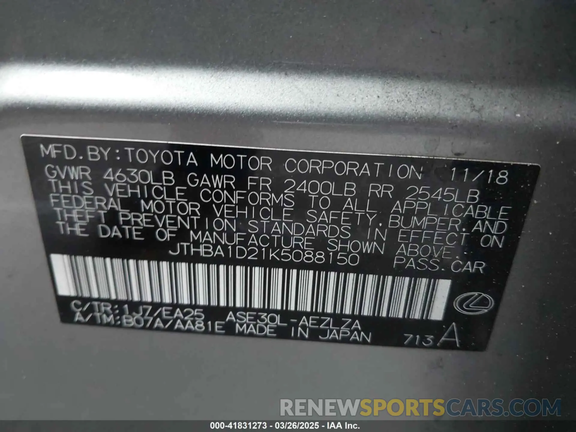 9 Photograph of a damaged car JTHBA1D21K5088150 LEXUS IS 300 2019