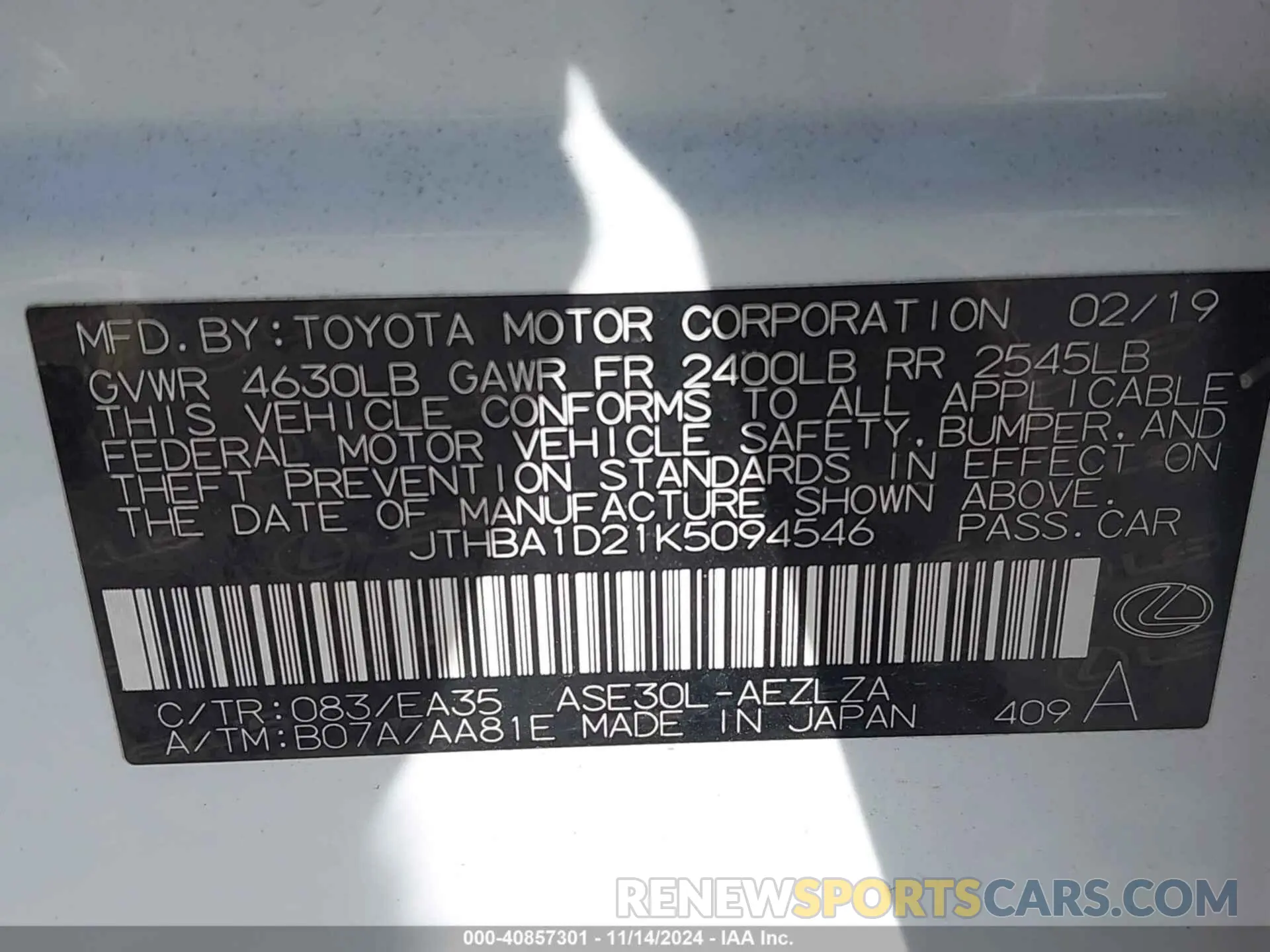 9 Photograph of a damaged car JTHBA1D21K5094546 LEXUS IS 300 2019