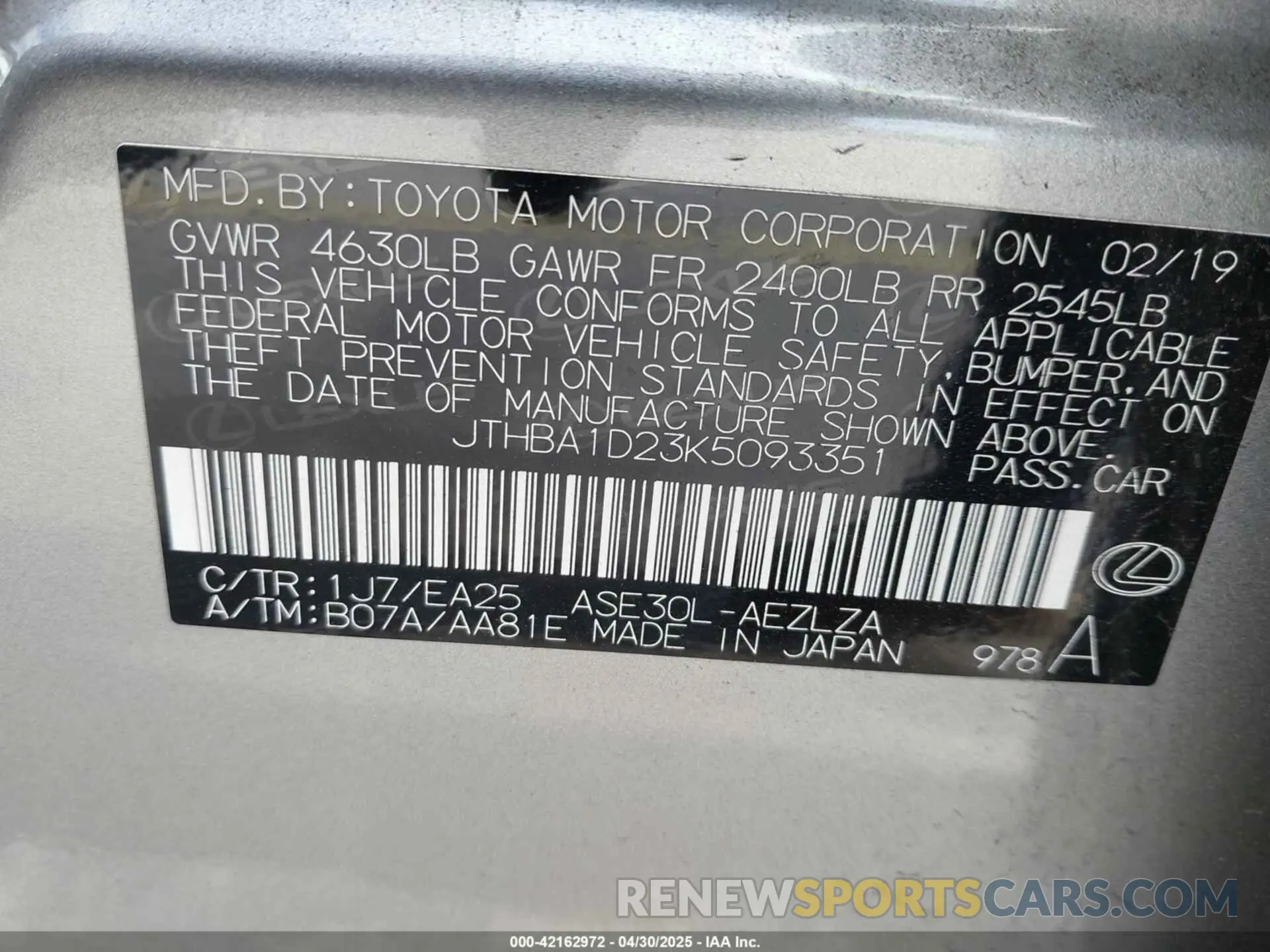 9 Photograph of a damaged car JTHBA1D23K5093351 LEXUS IS 300 2019