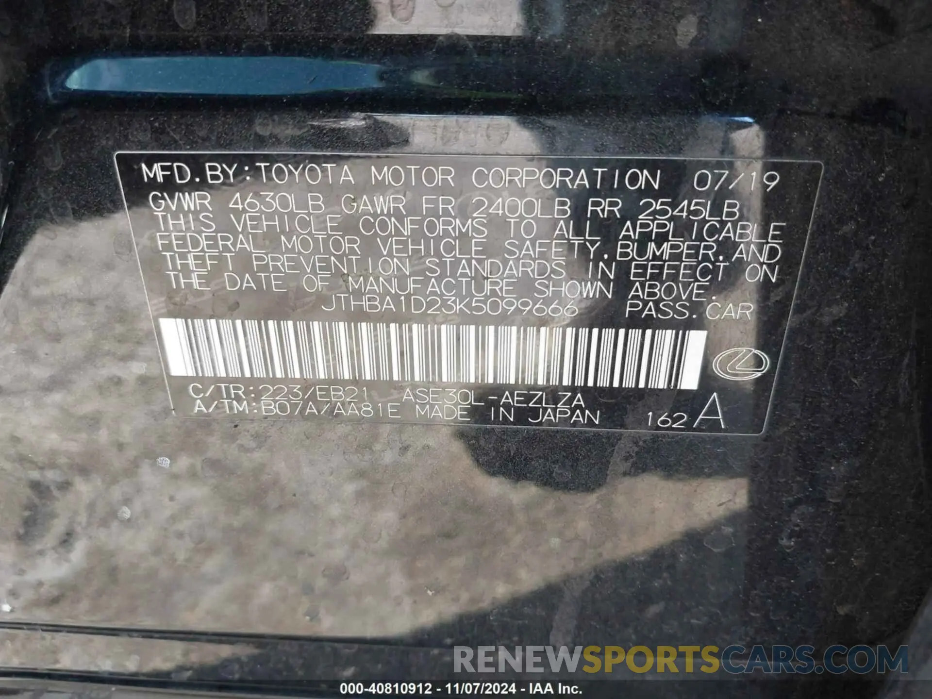 9 Photograph of a damaged car JTHBA1D23K5099666 LEXUS IS 300 2019