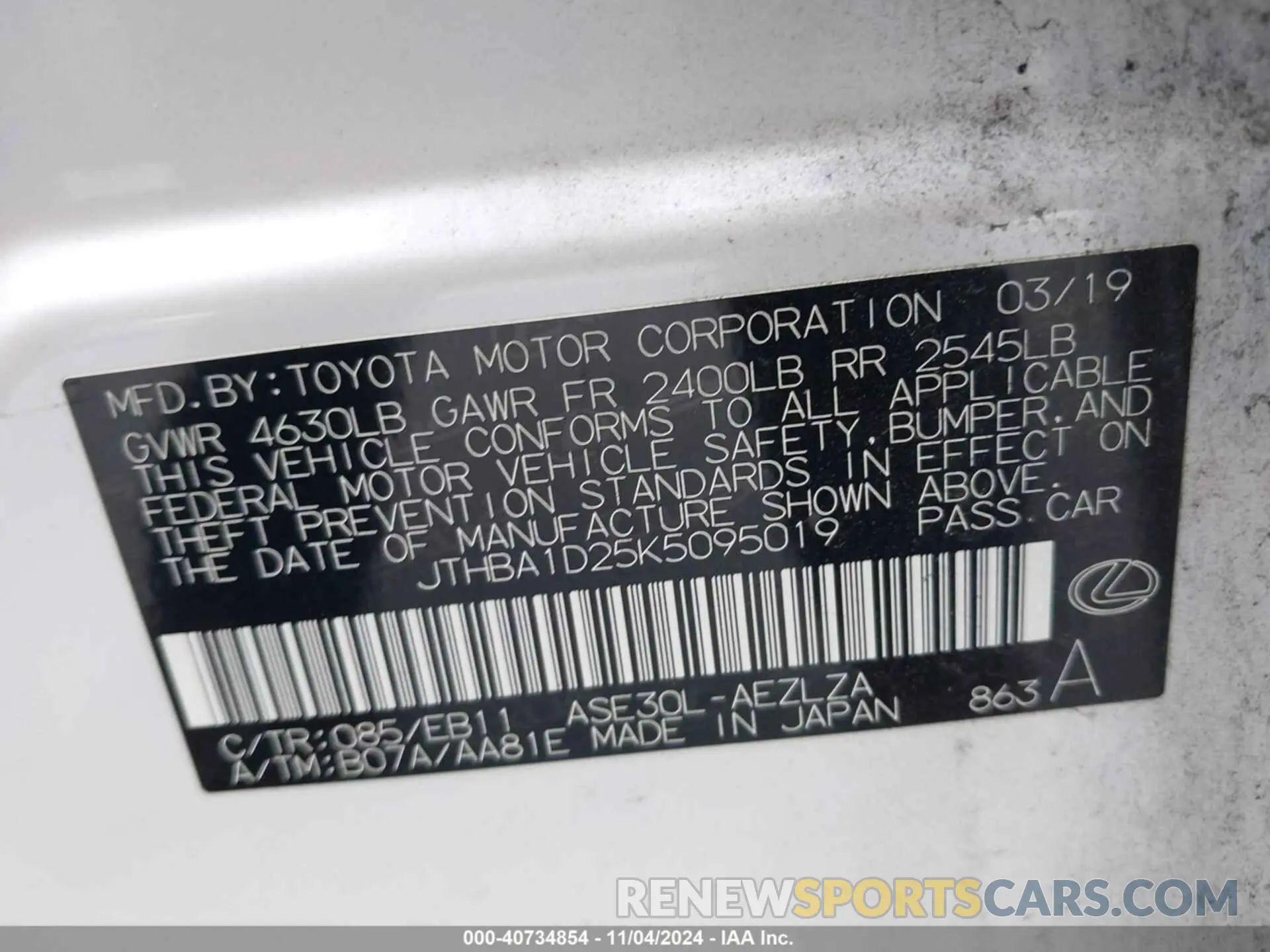 9 Photograph of a damaged car JTHBA1D25K5095019 LEXUS IS 300 2019