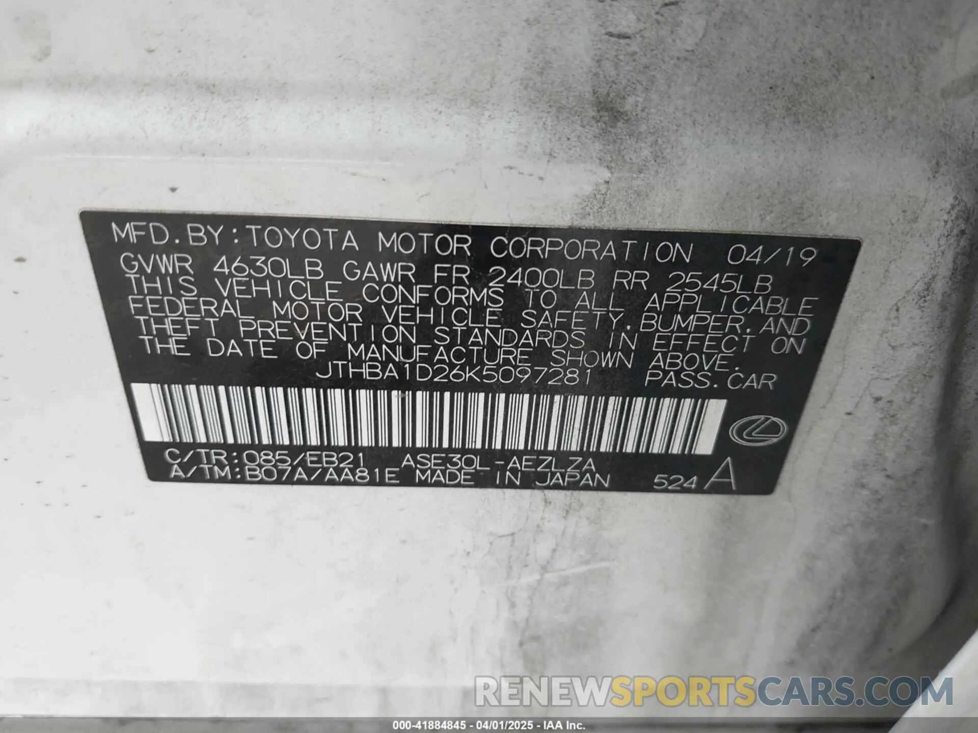 9 Photograph of a damaged car JTHBA1D26K5097281 LEXUS IS 300 2019