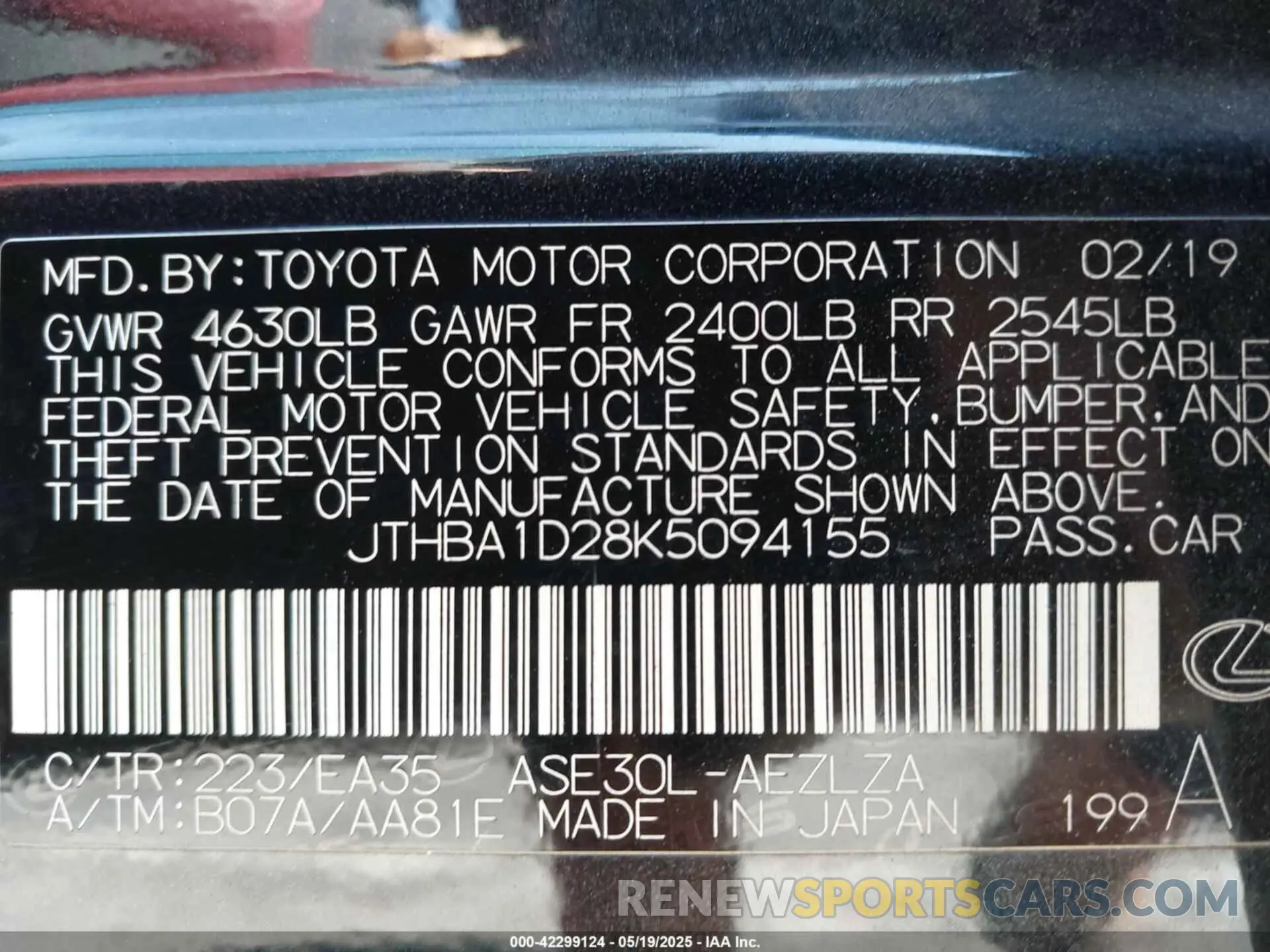 9 Photograph of a damaged car JTHBA1D28K5094155 LEXUS IS 300 2019