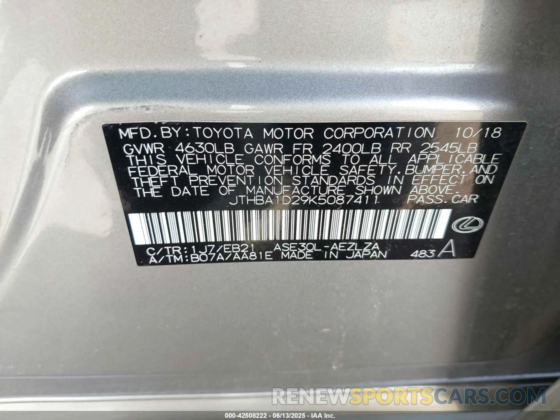 9 Photograph of a damaged car JTHBA1D29K5087411 LEXUS IS 300 2019