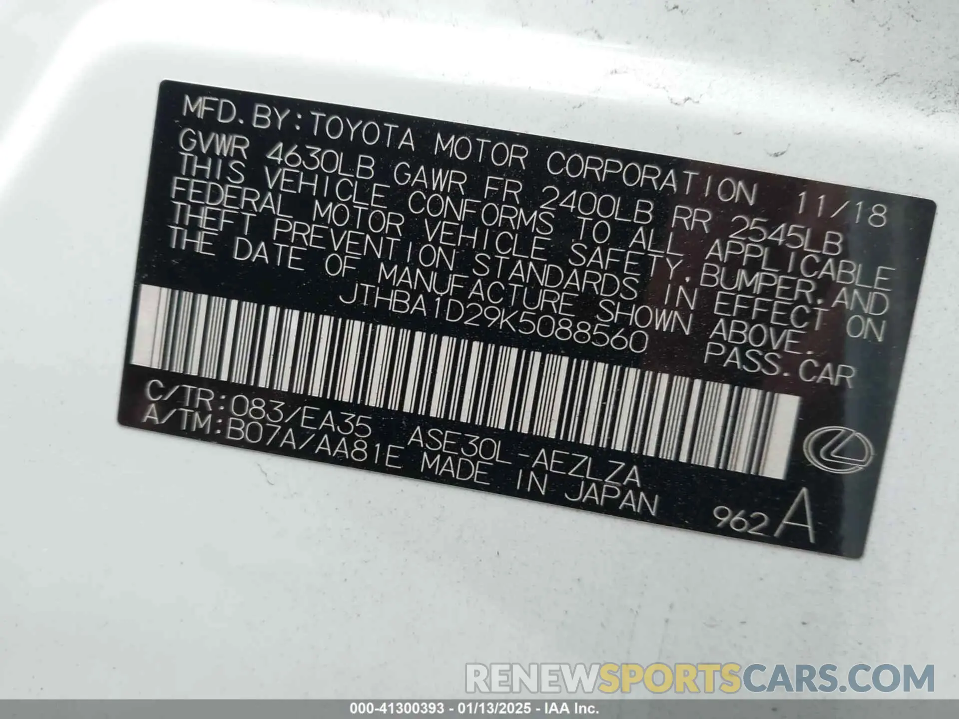 9 Photograph of a damaged car JTHBA1D29K5088560 LEXUS IS 300 2019