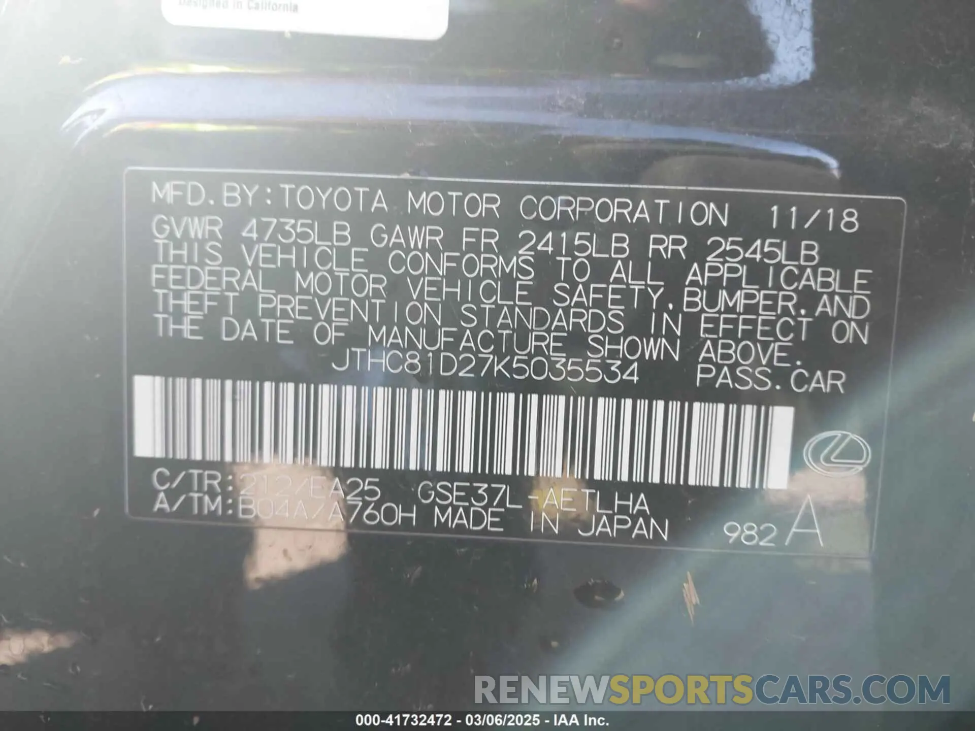 9 Photograph of a damaged car JTHC81D27K5035534 LEXUS IS 300 2019