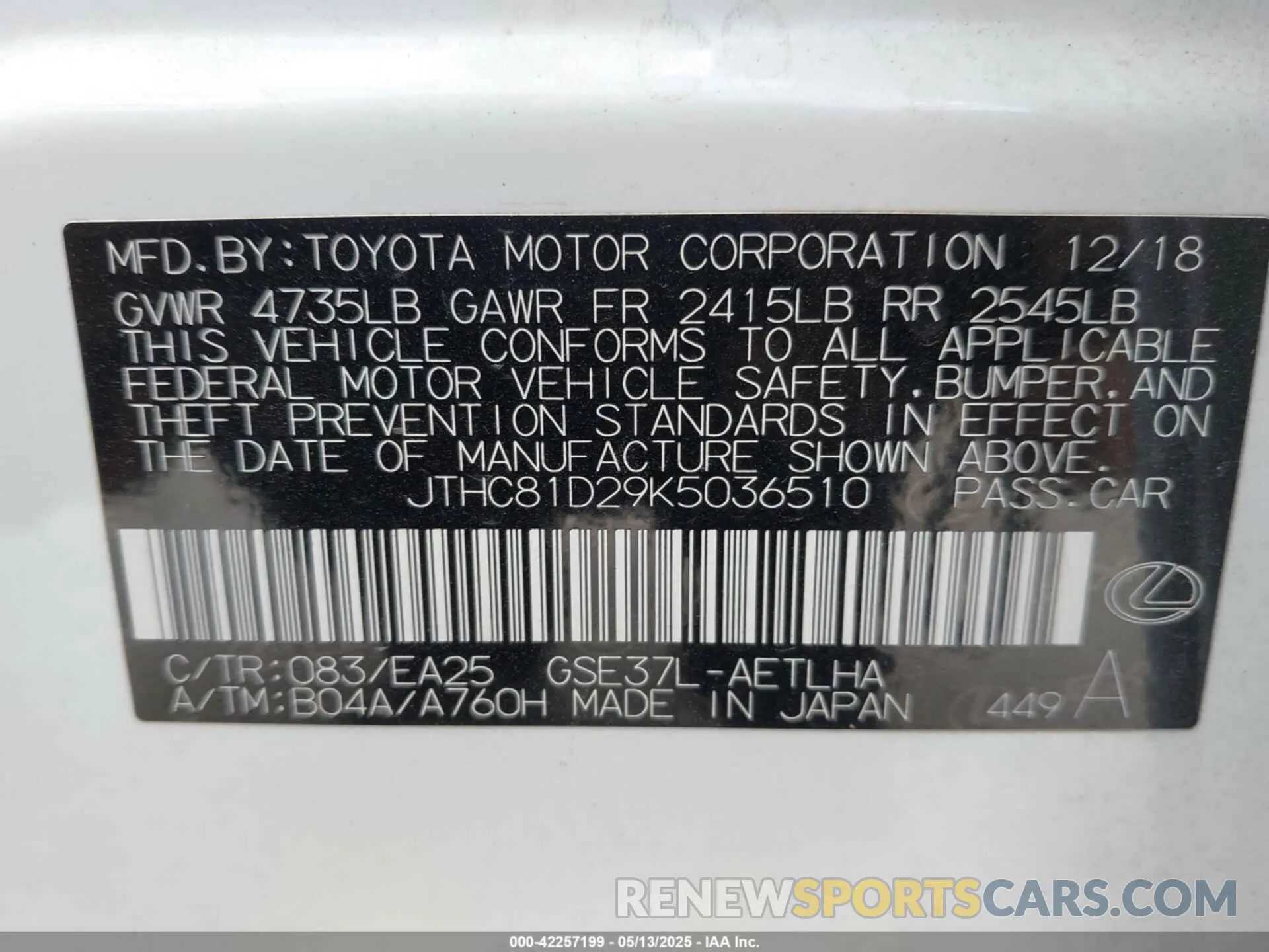 9 Photograph of a damaged car JTHC81D29K5036510 LEXUS IS 300 2019