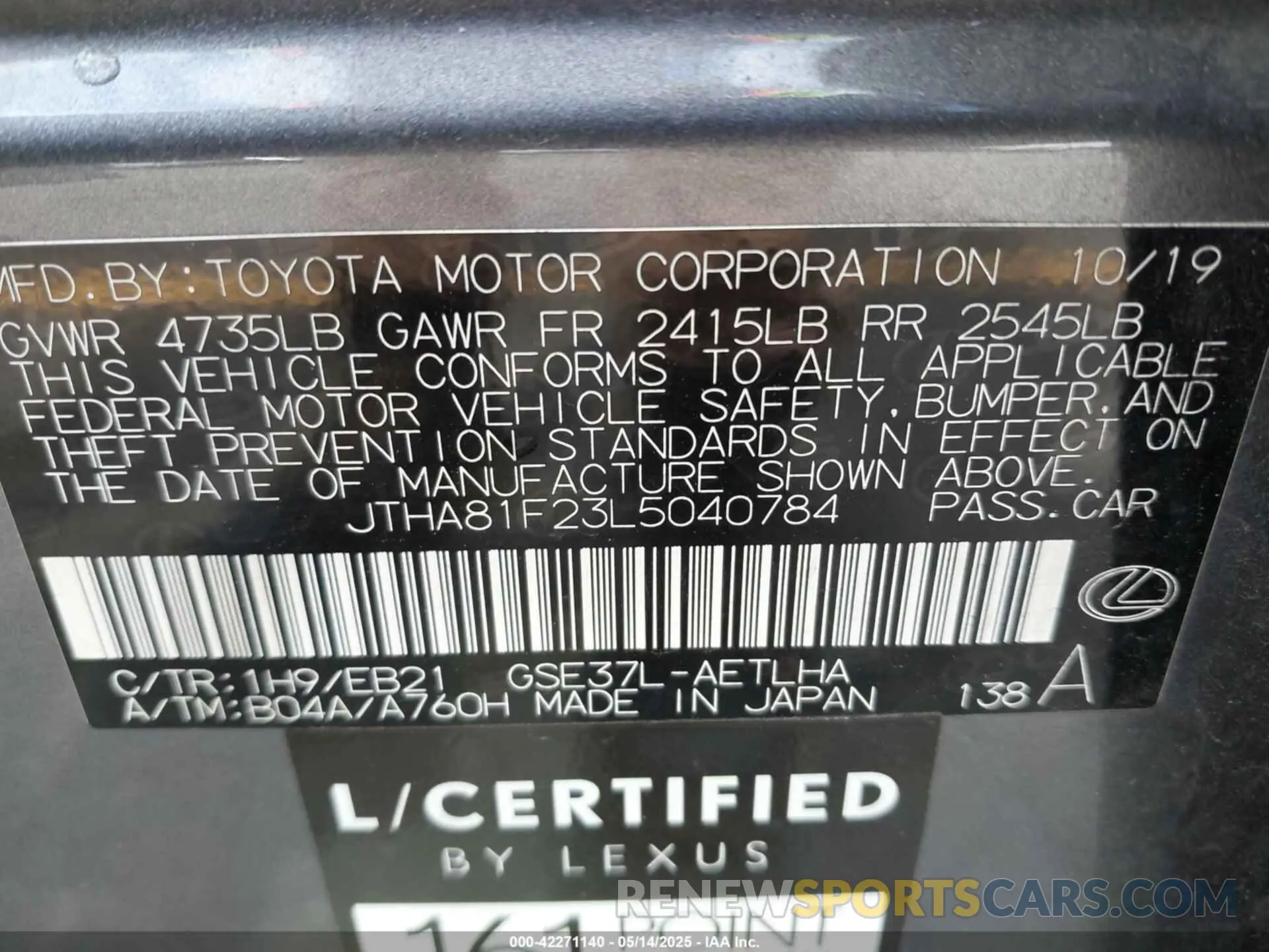 9 Photograph of a damaged car JTHA81F23L5040784 LEXUS IS 300 2020