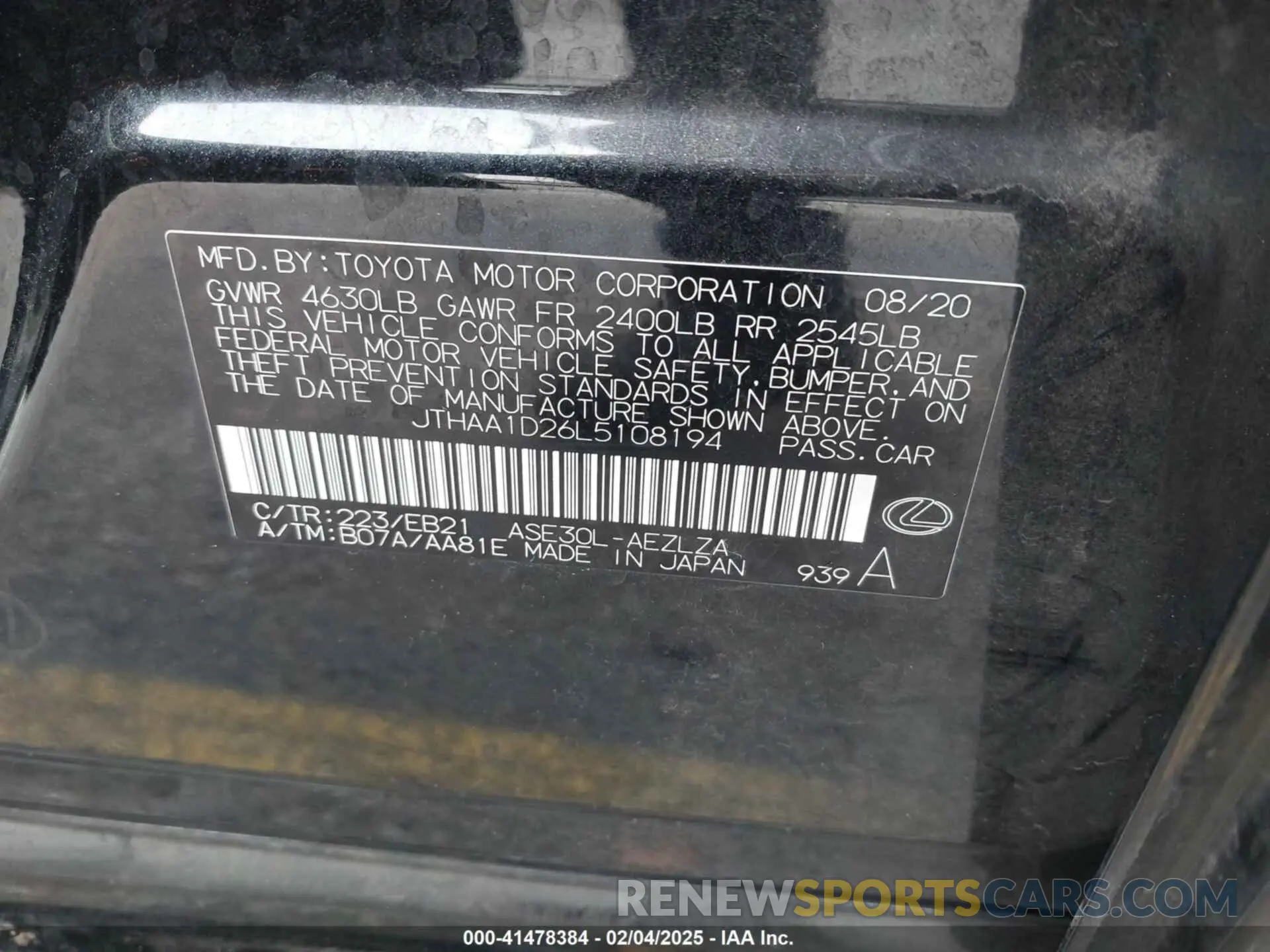 9 Photograph of a damaged car JTHAA1D26L5108194 LEXUS IS 300 2020