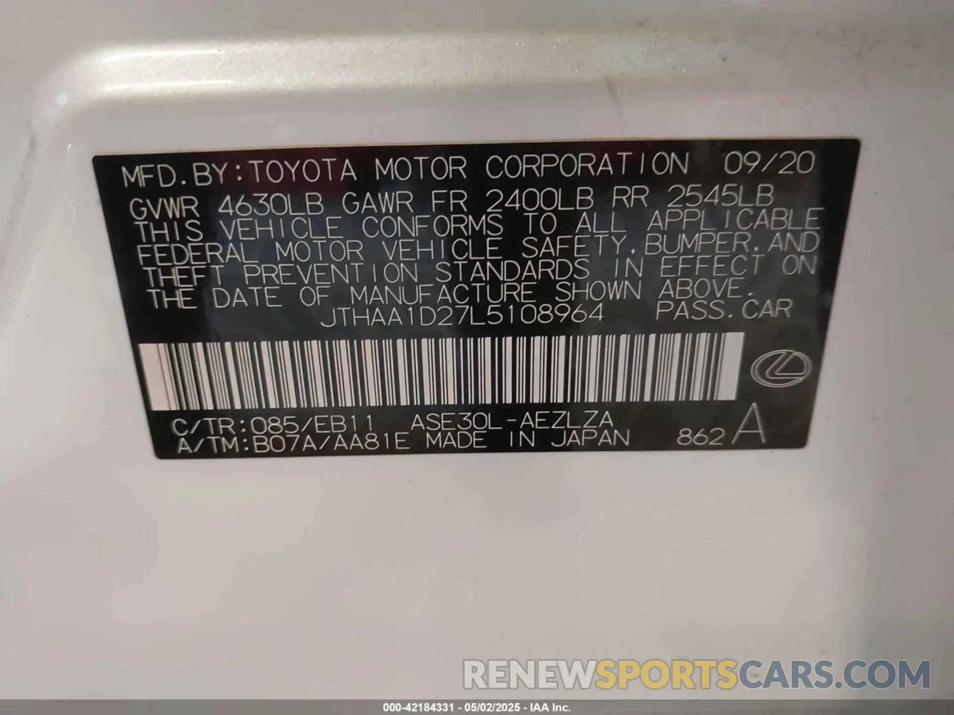 9 Photograph of a damaged car JTHAA1D27L5108964 LEXUS IS 300 2020