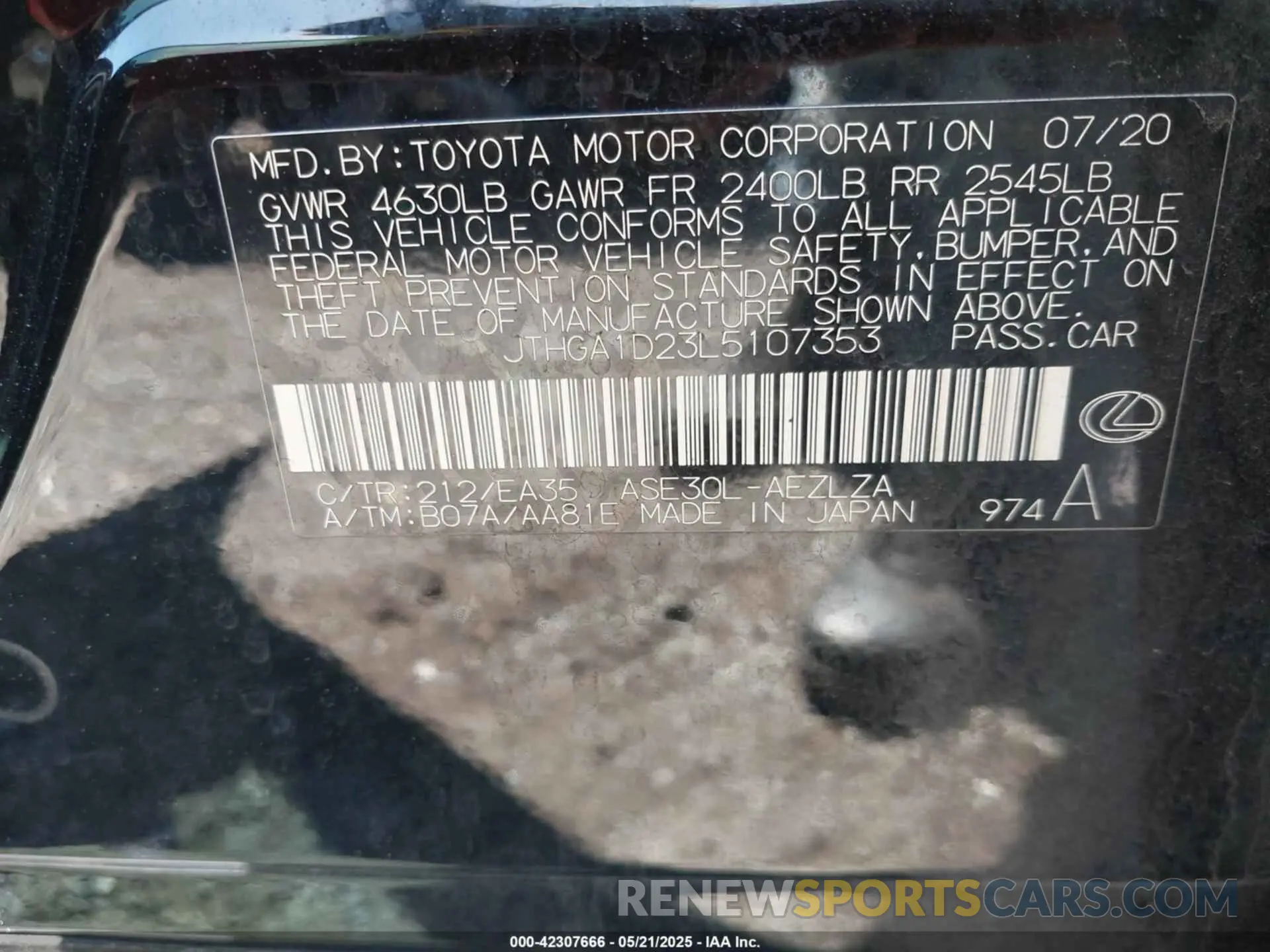 9 Photograph of a damaged car JTHGA1D23L5107353 LEXUS IS 300 2020