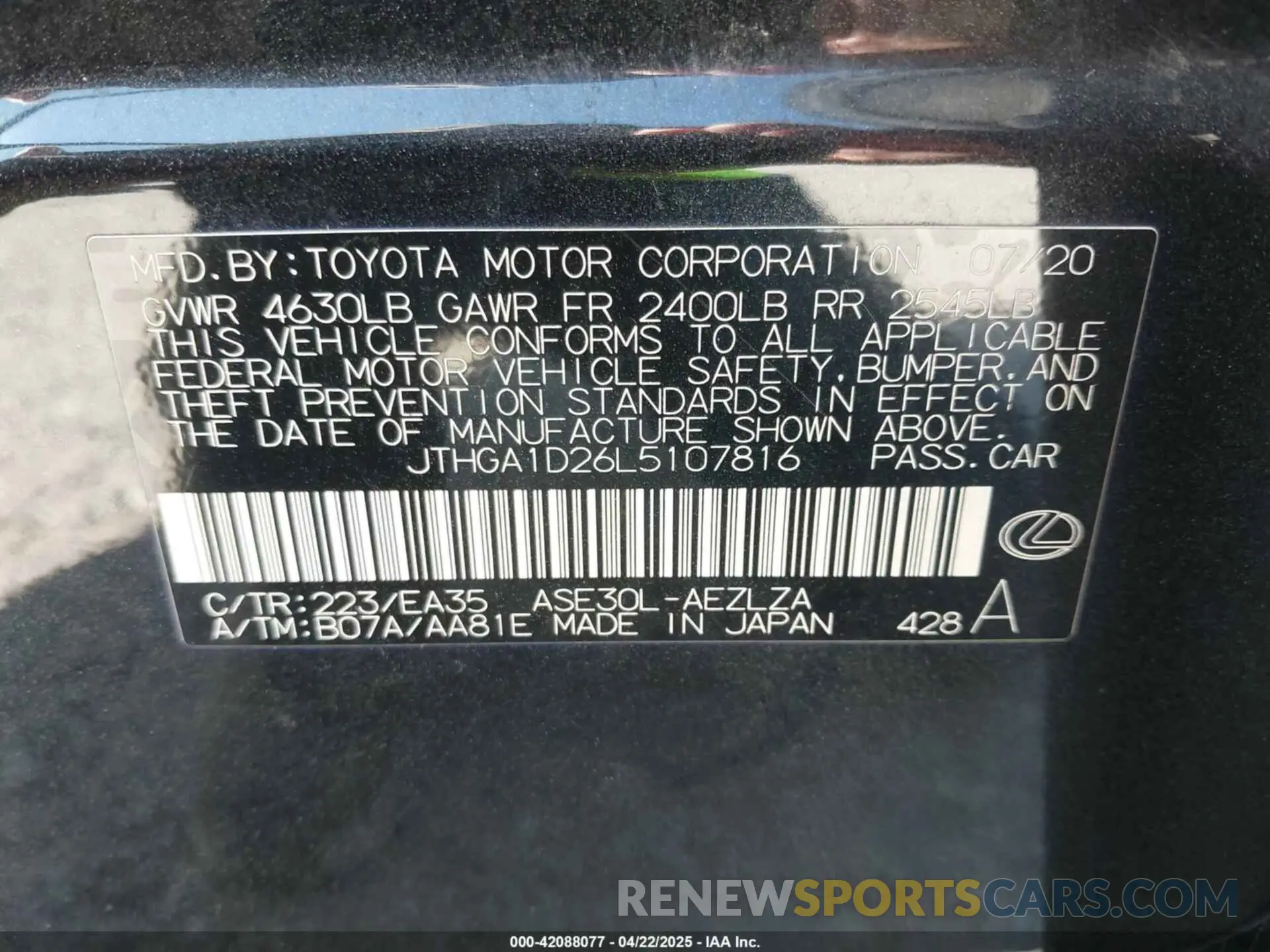 9 Photograph of a damaged car JTHGA1D26L5107816 LEXUS IS 300 2020