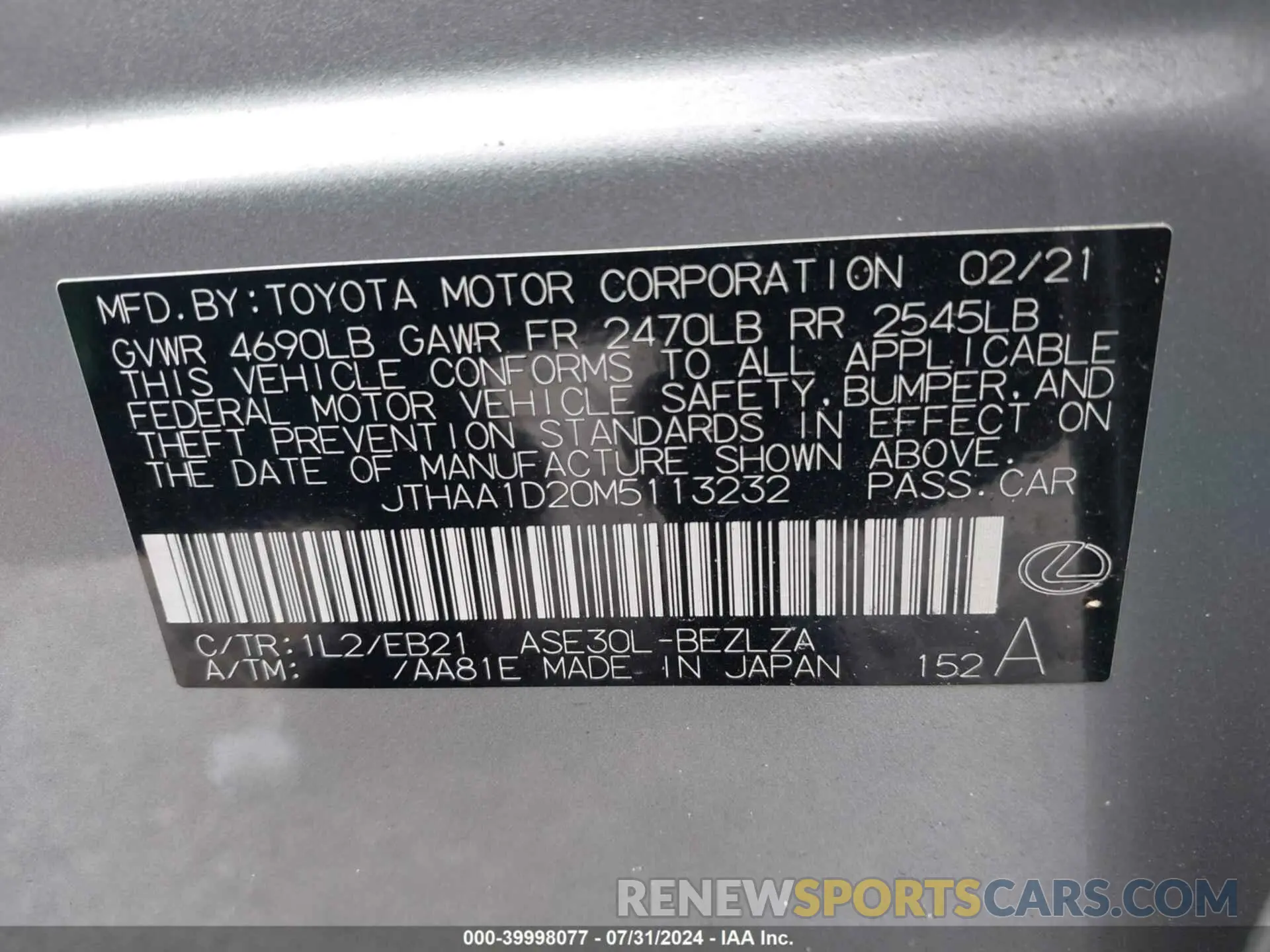 9 Photograph of a damaged car JTHAA1D20M5113232 LEXUS IS 300 2021