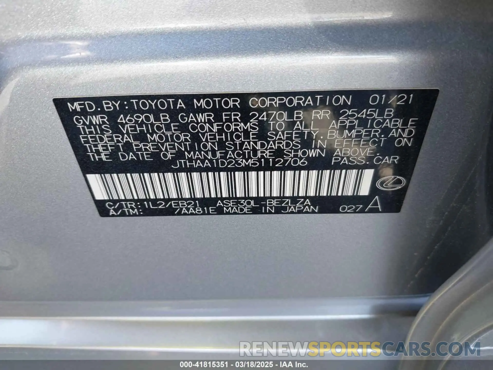 9 Photograph of a damaged car JTHAA1D23M5112706 LEXUS IS 300 2021