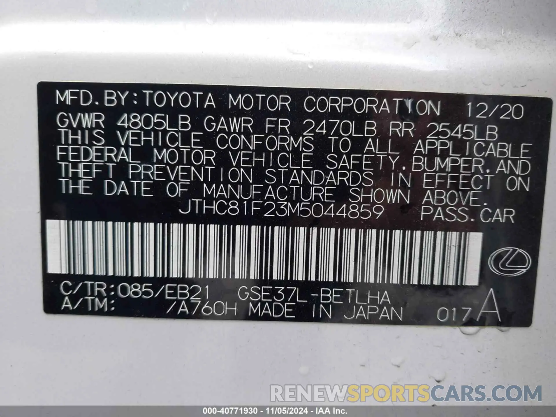 9 Photograph of a damaged car JTHC81F23M5044859 LEXUS IS 300 2021