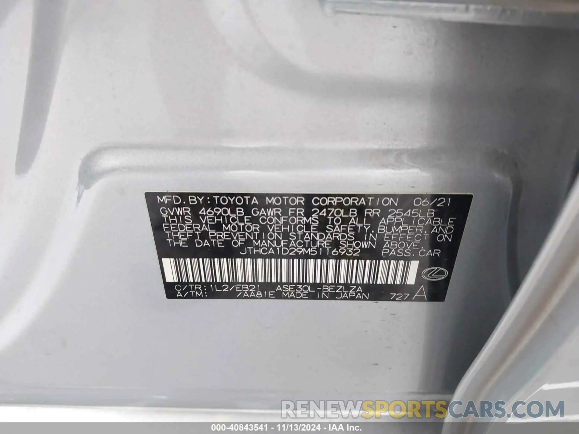 9 Photograph of a damaged car JTHCA1D29M5116932 LEXUS IS 300 2021