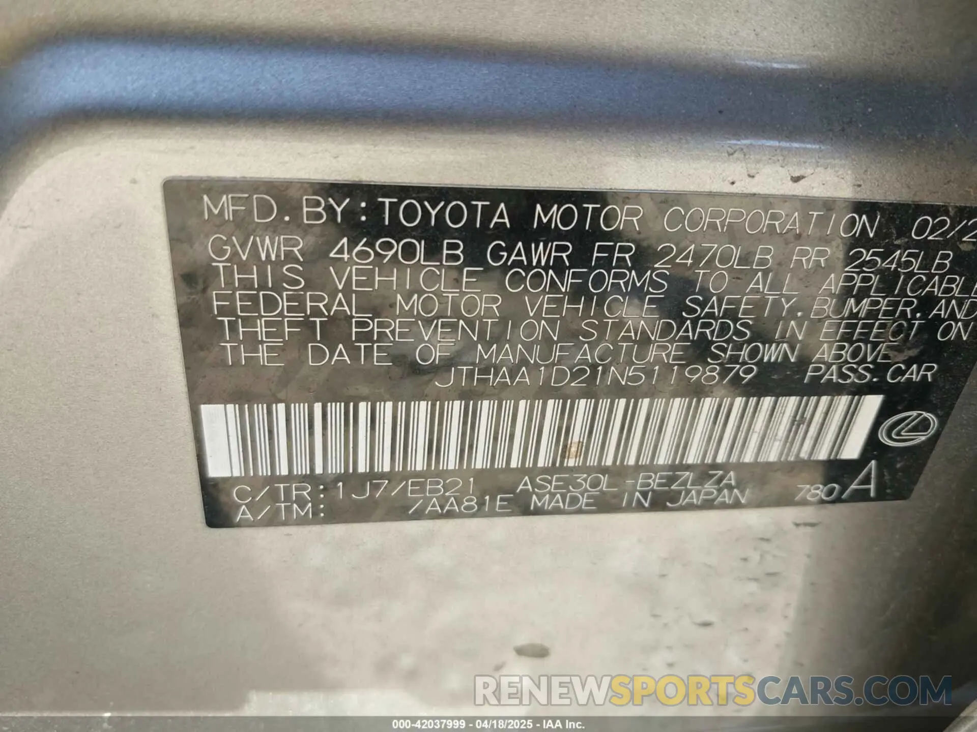 9 Photograph of a damaged car JTHAA1D21N5119879 LEXUS IS 300 2022