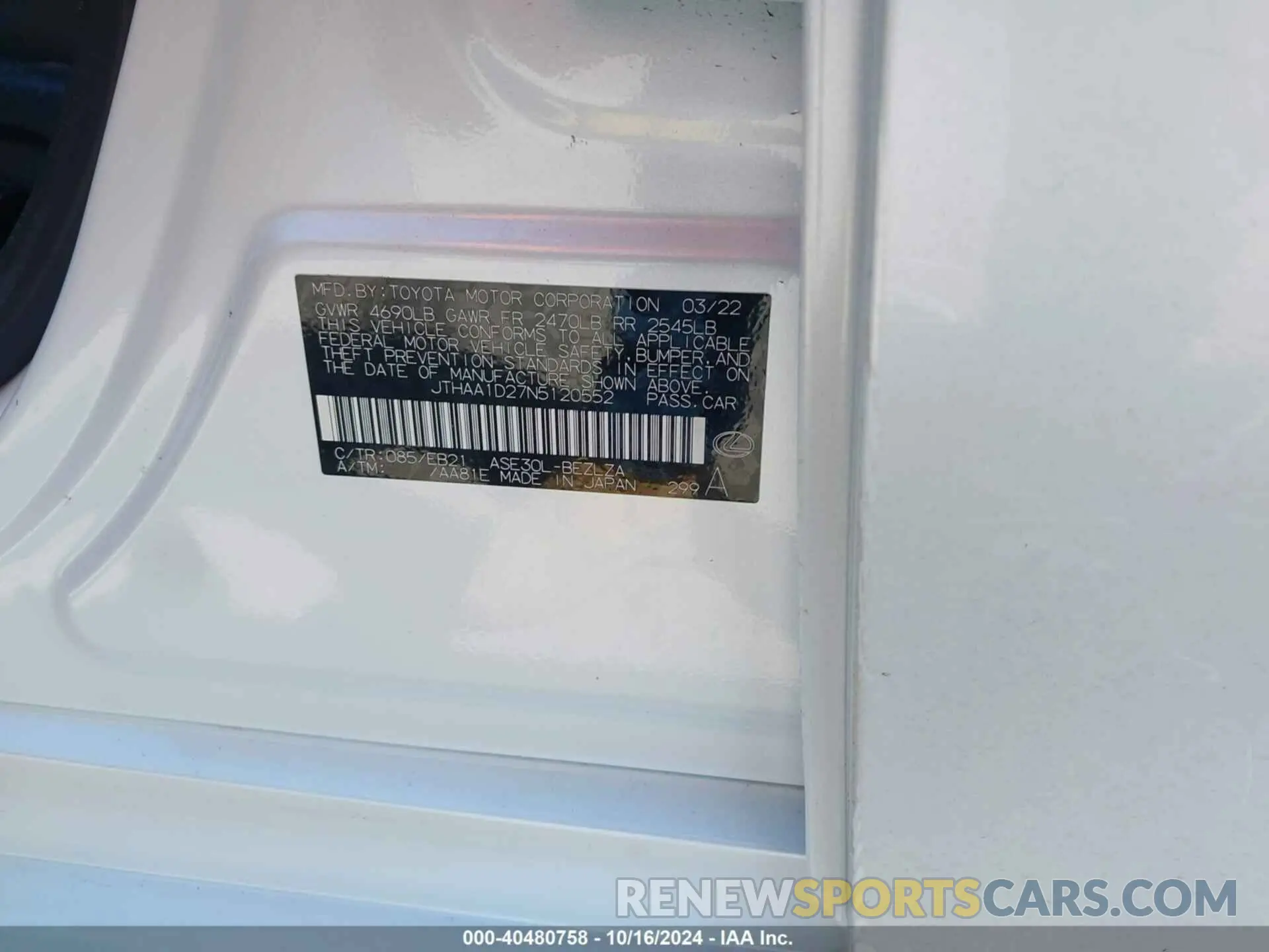 9 Photograph of a damaged car JTHAA1D27N5120552 LEXUS IS 300 2022