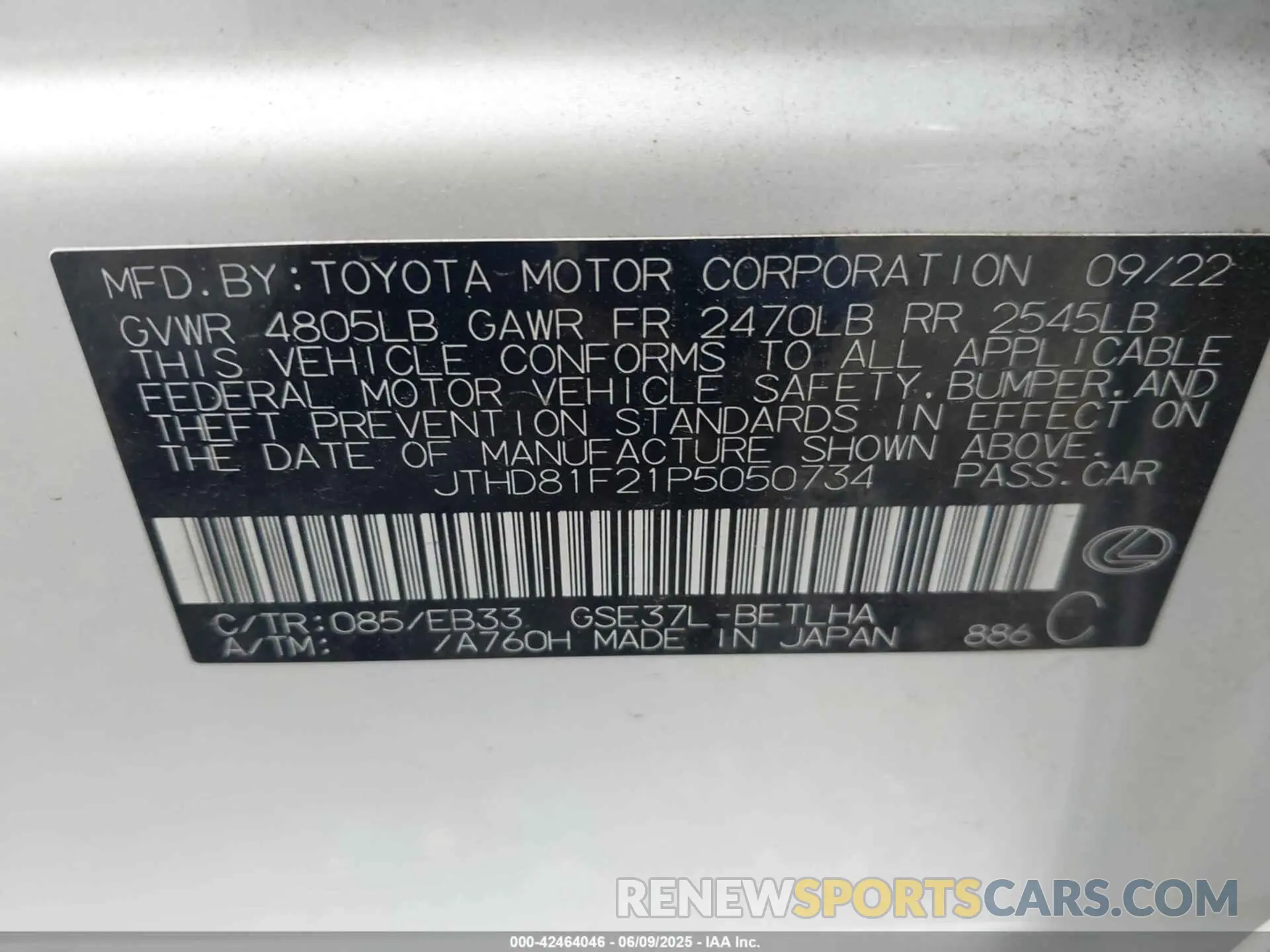 9 Photograph of a damaged car JTHD81F21P5050734 LEXUS IS 300 2023