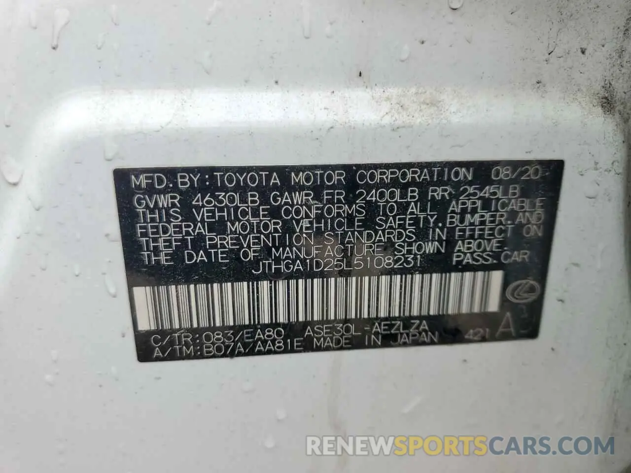 12 Photograph of a damaged car JTHGA1D25L5108231 LEXUS IS 300 F S 2020