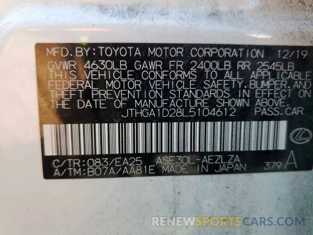 12 Photograph of a damaged car JTHGA1D28L5104612 LEXUS IS 300 F S 2020