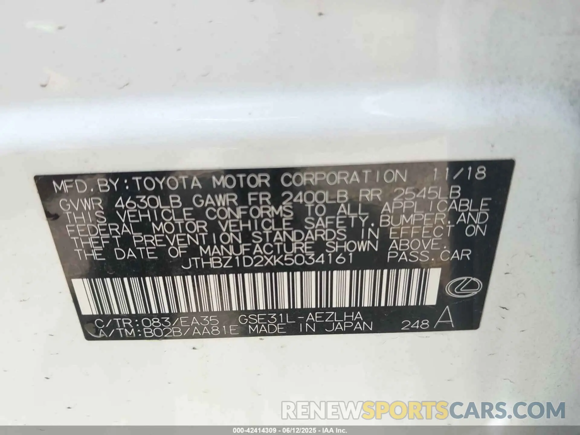 9 Photograph of a damaged car JTHBZ1D2XK5034161 LEXUS IS 350 2019