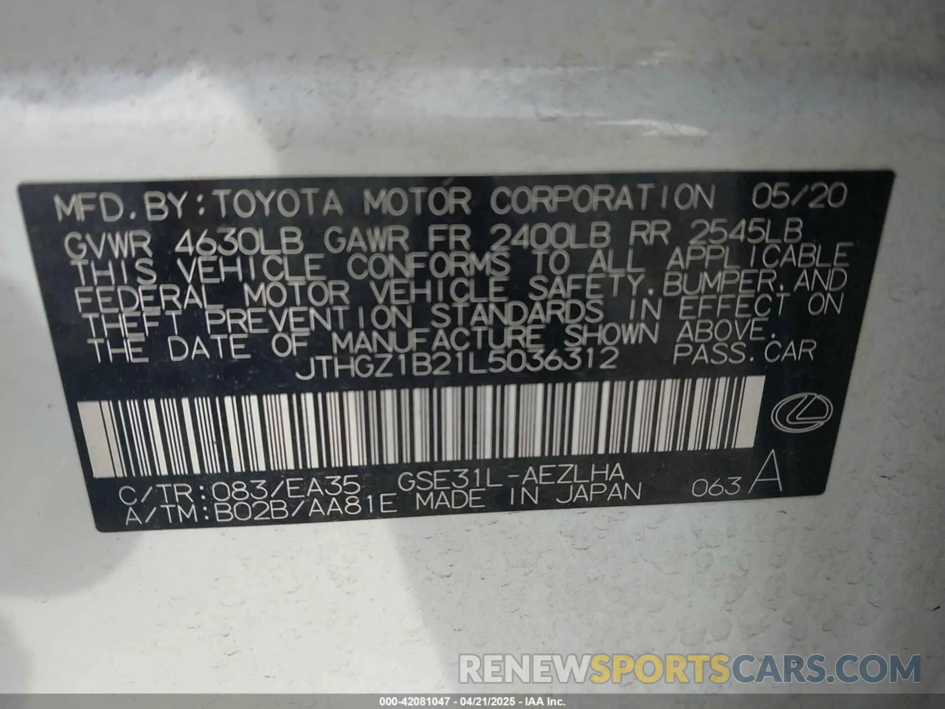 9 Photograph of a damaged car JTHGZ1B21L5036312 LEXUS IS 350 2020
